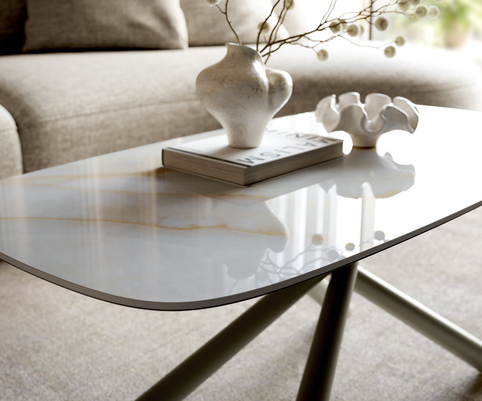 Stolik kawowy Edge w kształcie beczki 100x50 cm ceramika Onyx Pearl podstawa Sarity metal w kolorze tytanu 4