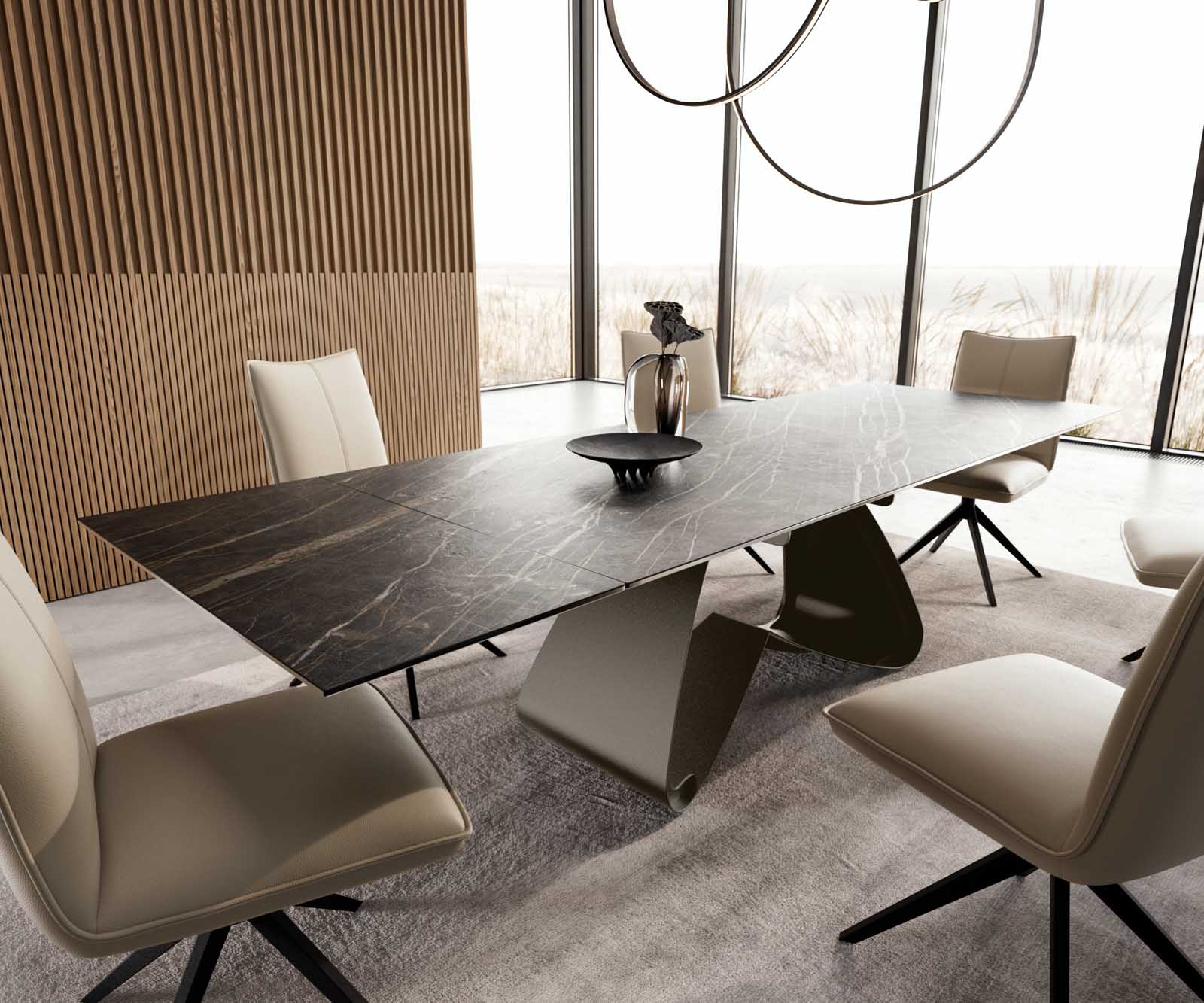 Stół do jadalni Edge 200-300x100 cm ceramika Laminam® Noir Desir brązowy rama W kolor tytanowy rozkładany