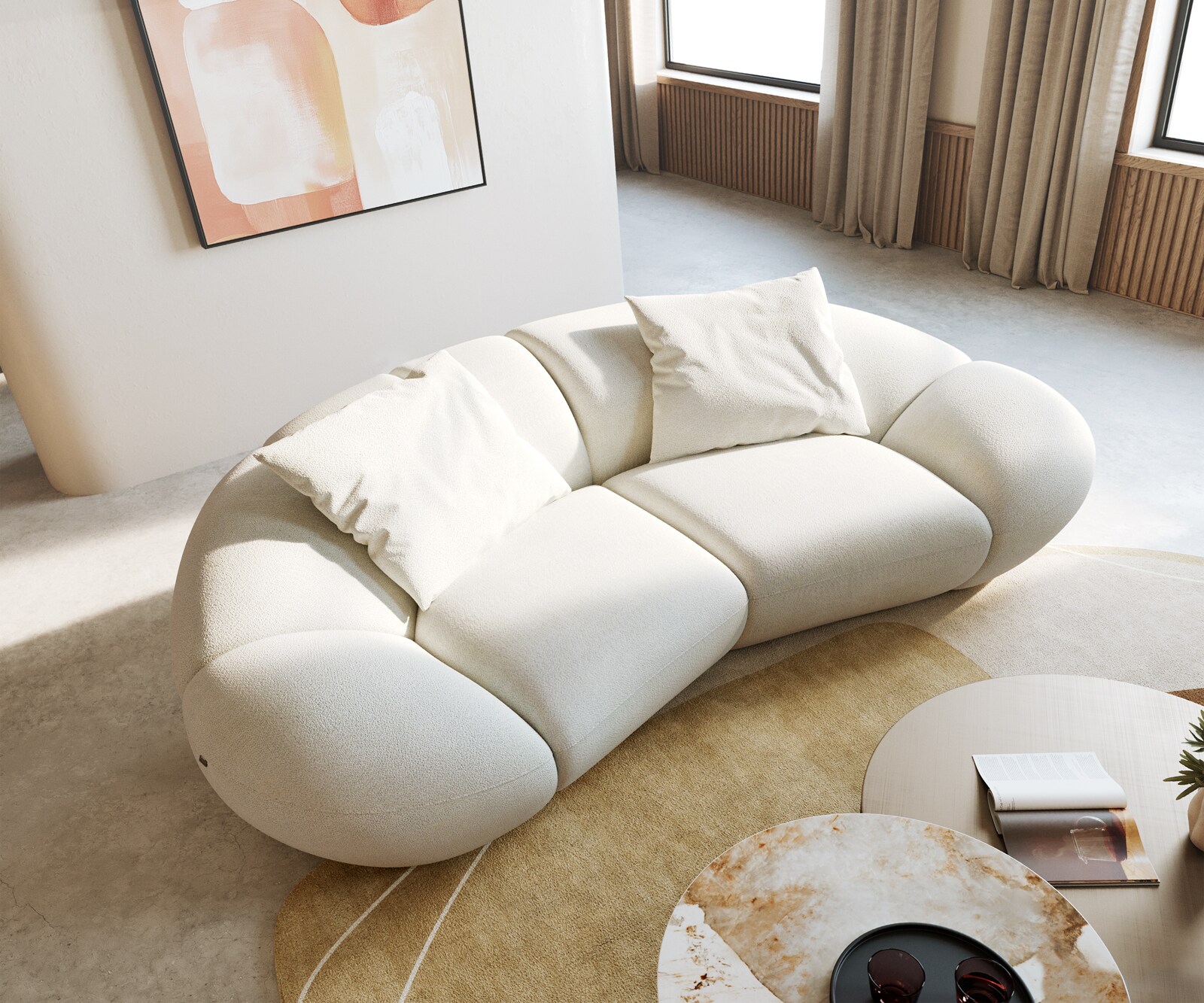 Sofa Lunna 280x70 cm miękka tkanina bouclé beżowa 2 poduszki 1
