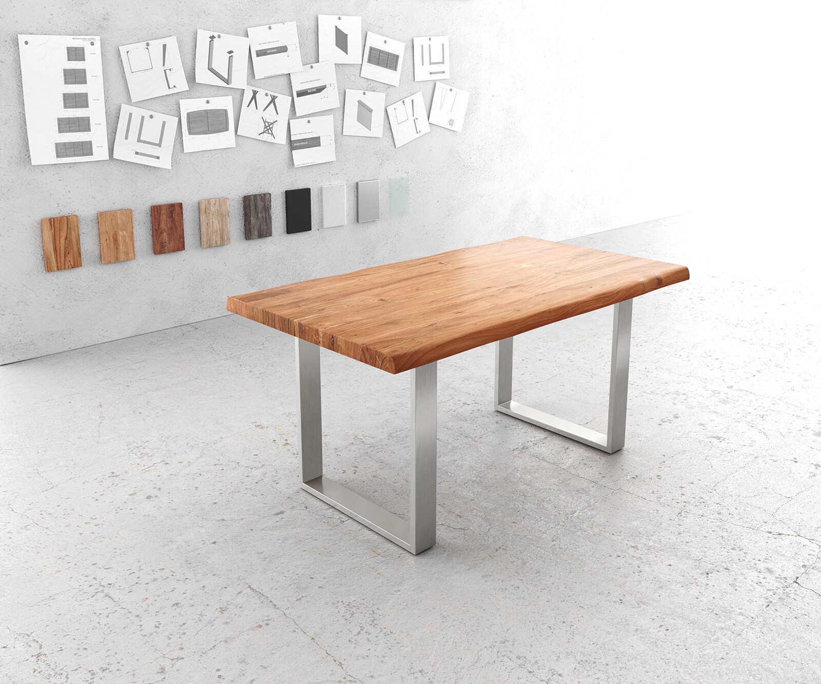 Stół do jadalni Edge 160x90cm XL akacja naturalna stal nierdzewna wąska rama live-edge