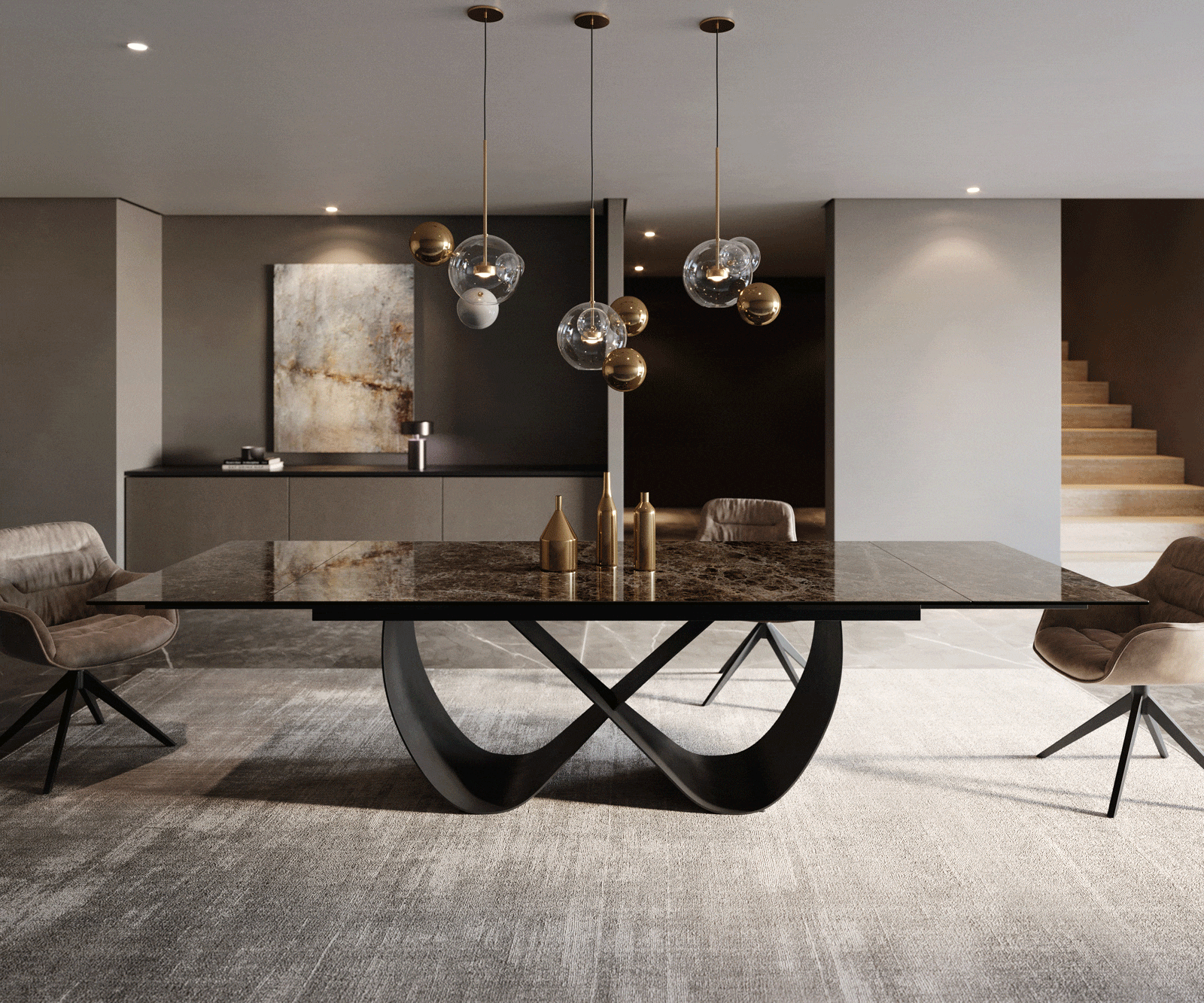 Stół do jadalni Edge 200-300x100cm ceramika Laminam® Emperador Extra Lucidato ciemnobrązowy rama Infinity metal czarny rozkładany 1