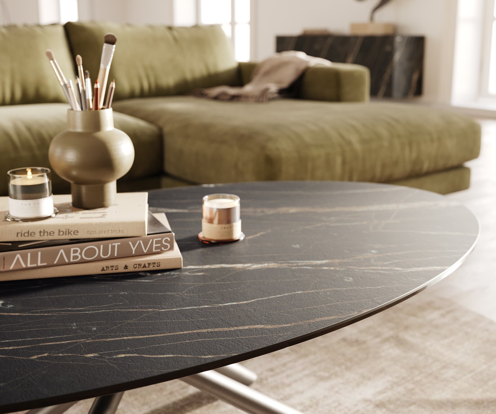 Stolik kawowy Edge owalny 140x80 cm ceramika Laminam® Noir Desir brązowa podstawa Sarity stal nierdzewna szczotkowana 6