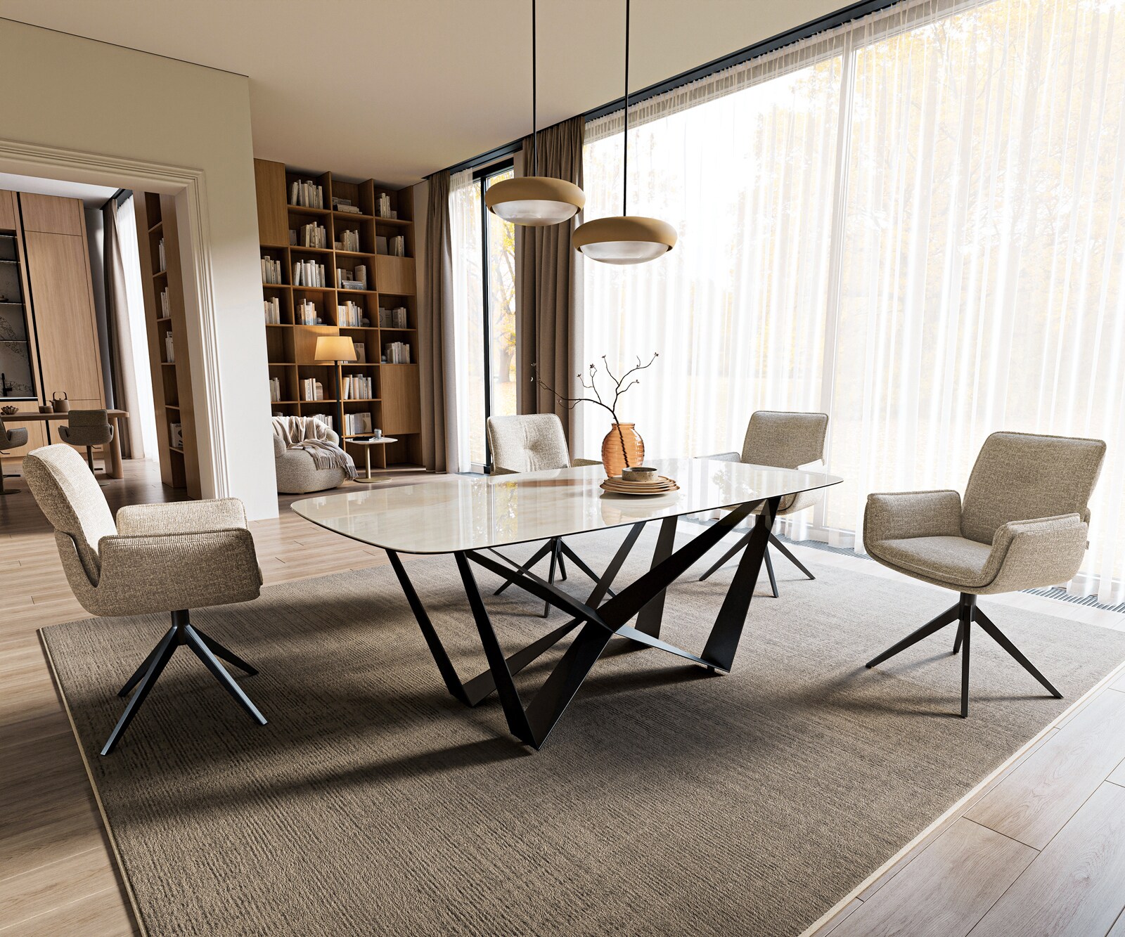 Stół do jadalni Edge w kształcie beczki 200x100 cm ceramika Onyx Champagne rama Spider metal czarny 6
