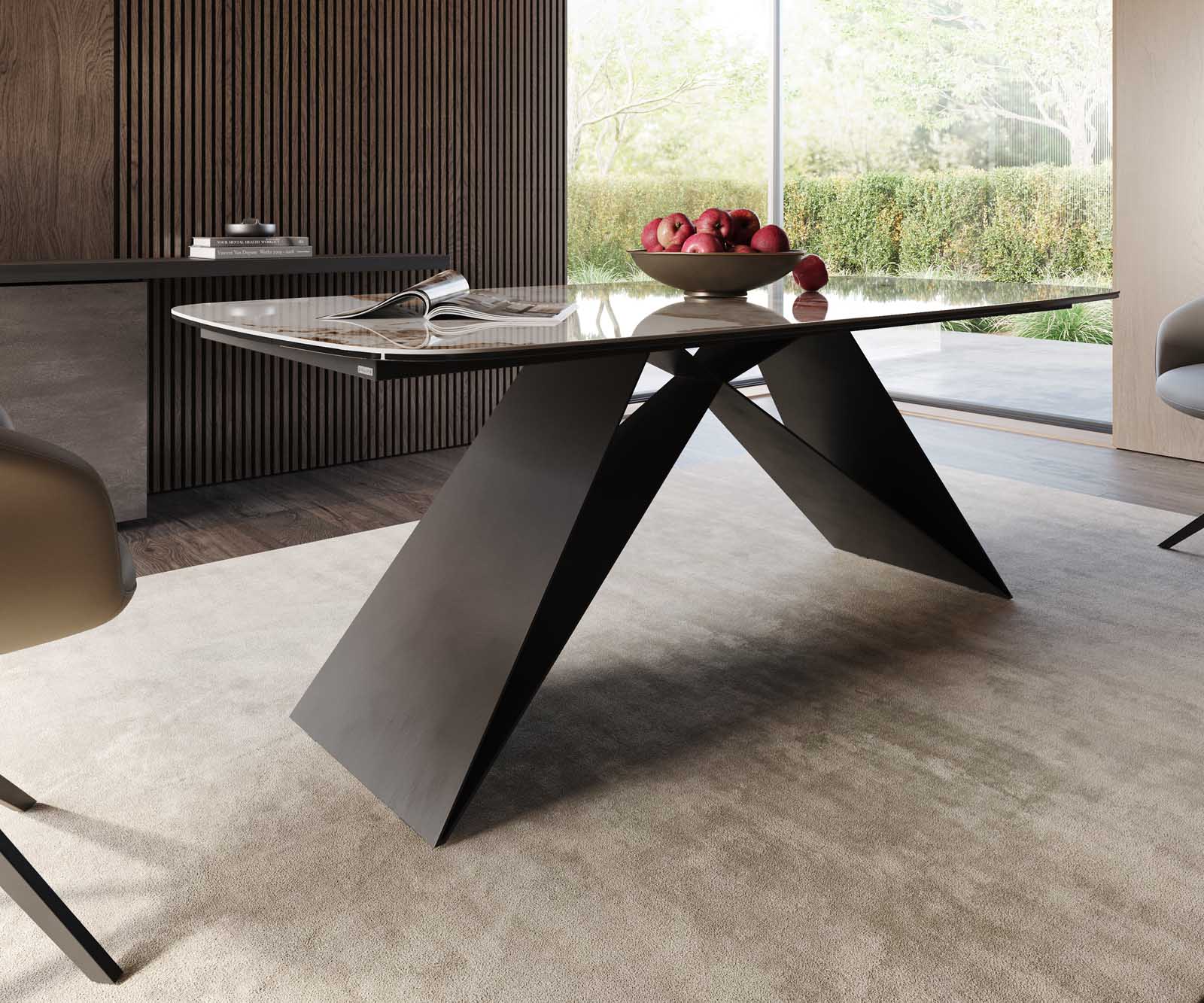 Stół do jadalni Edge kształt beczki 200x100cm ceramika Minas Melange biało-beżowy rama V metal czarna 5