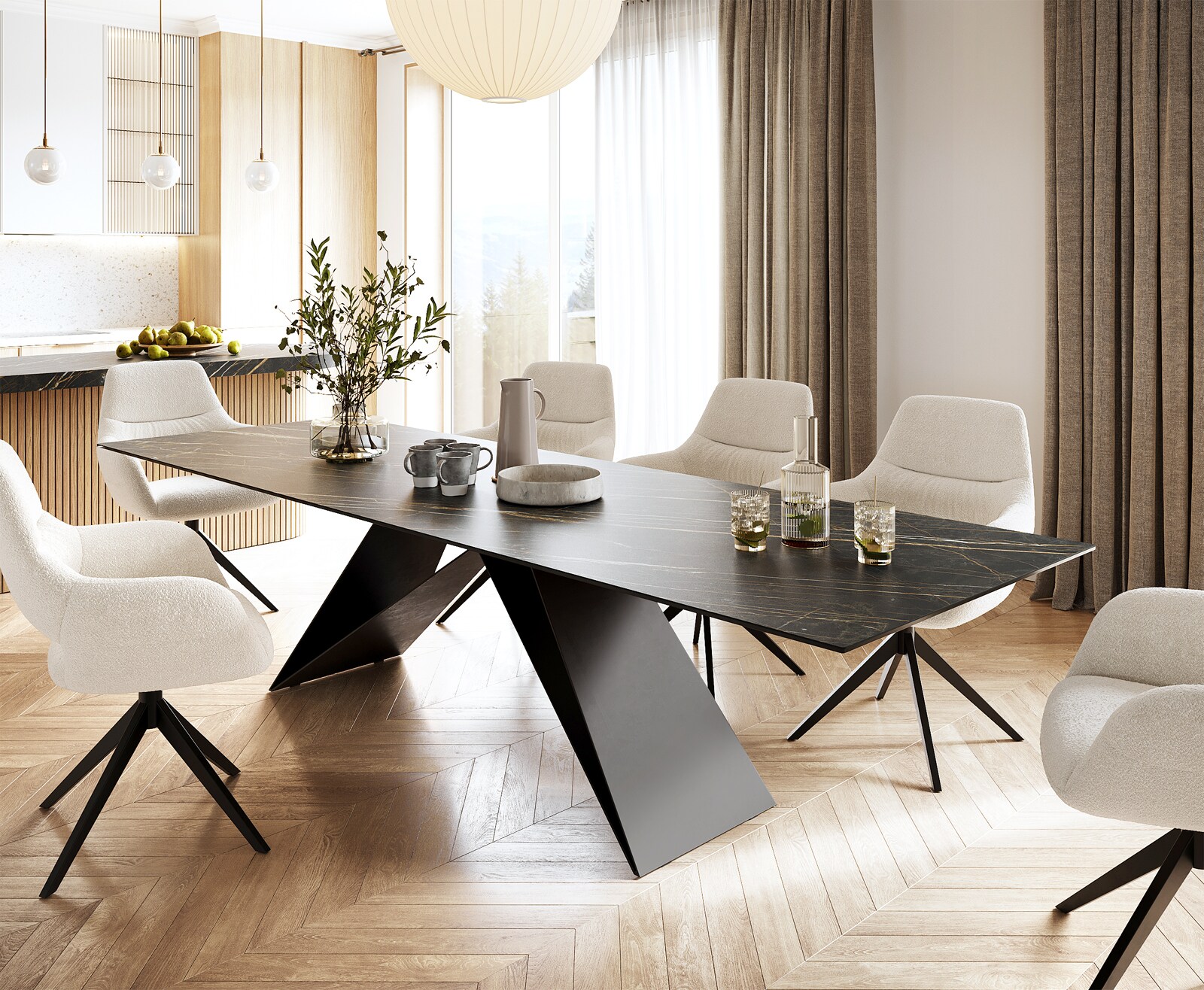 Stół do jadalni Edge 300x100cm ceramika Minas Melange biało-beżowy rama Infinity metal kolor tytanowy 2
