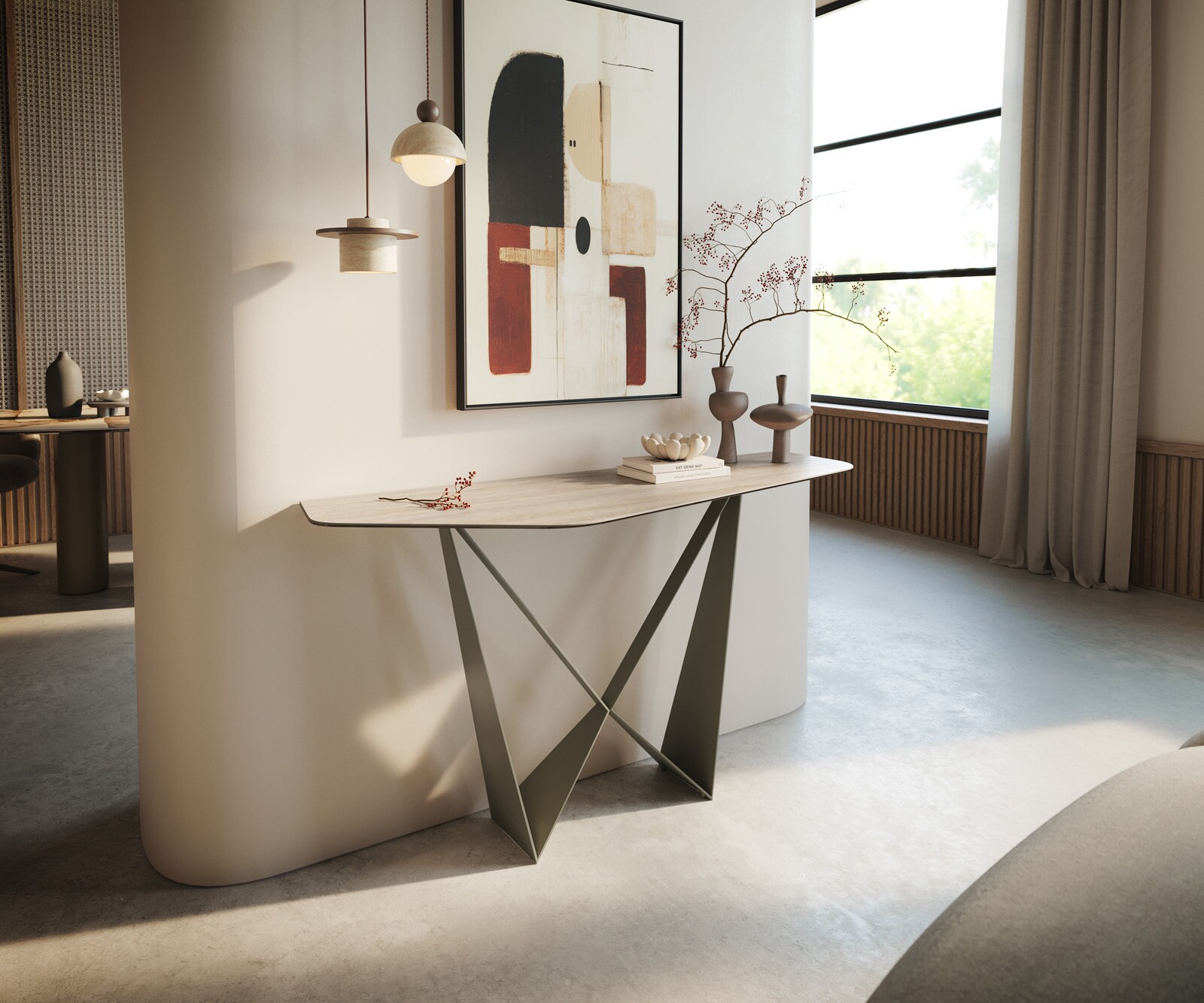 Konsola Edge wielokątna 140x50 cm ceramika Laminam® Travertino Bianco kremowo-biały podstawa Spios metal w kolorze tytanu 1