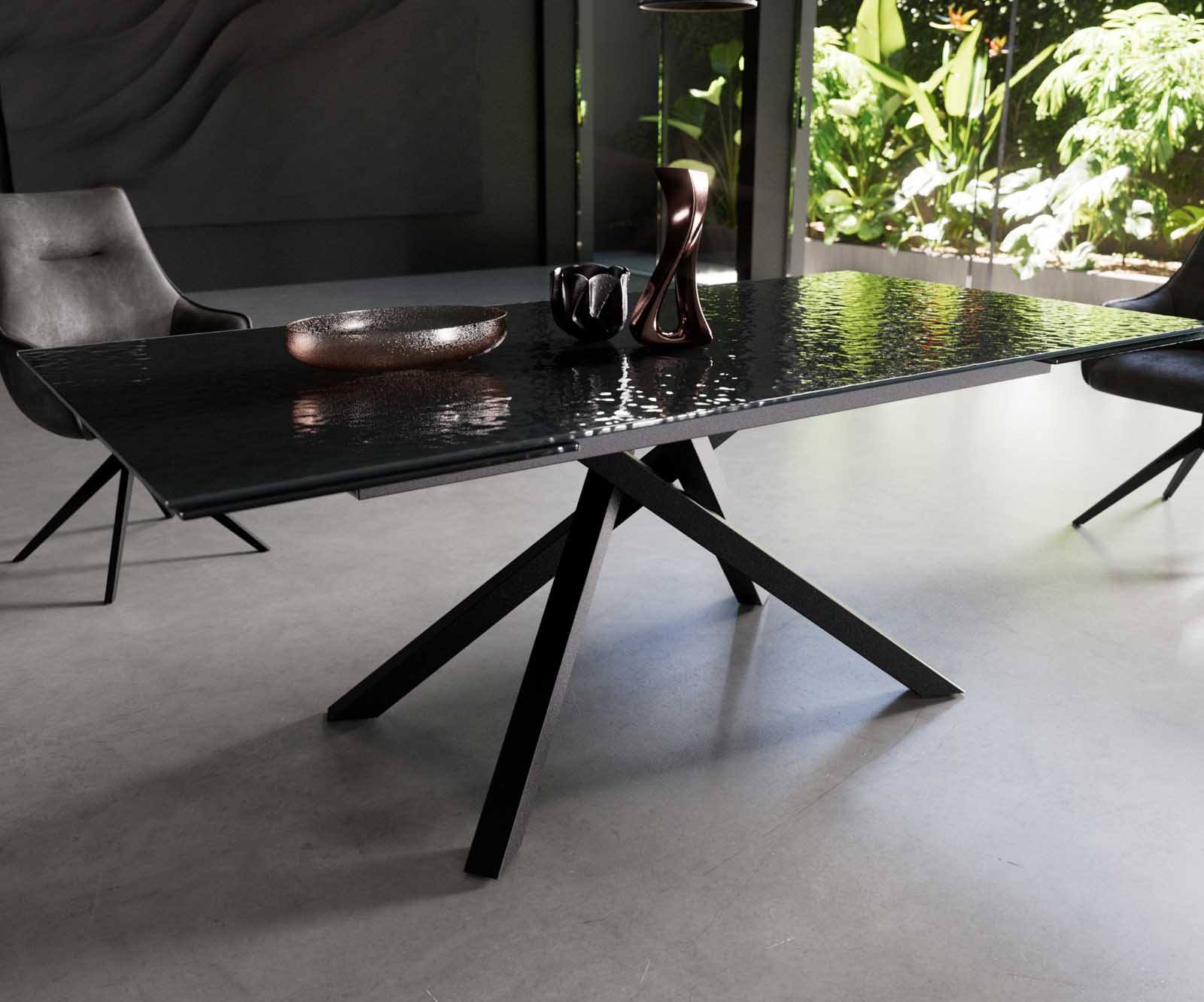 Stół do jadalni Edge 200-300x100 cm szkło reliefowe czarne efekt 3D rama Cross czarna rozkładany 5