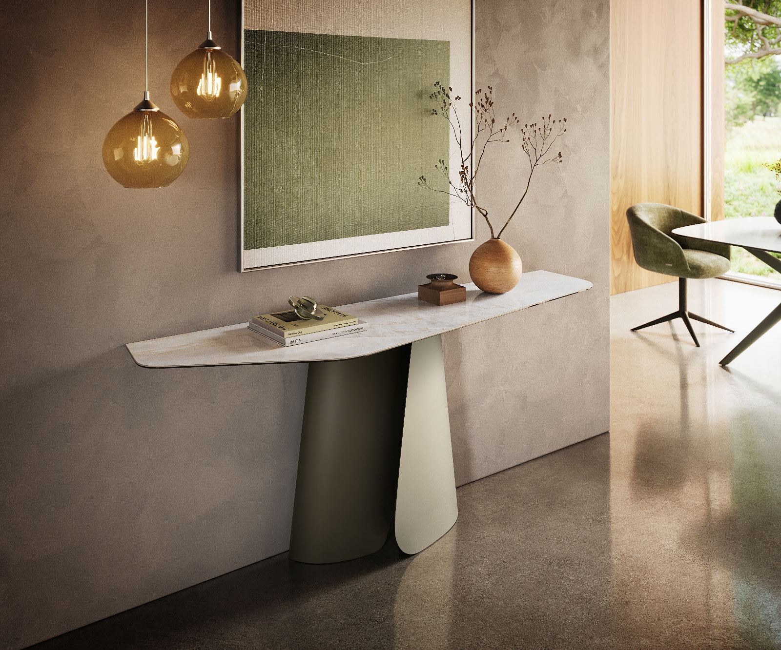 Konsola Edge wielokątna 180x50 cm ceramika Onyx Pearl podstawa Livos metal w kolorze tytanu 1