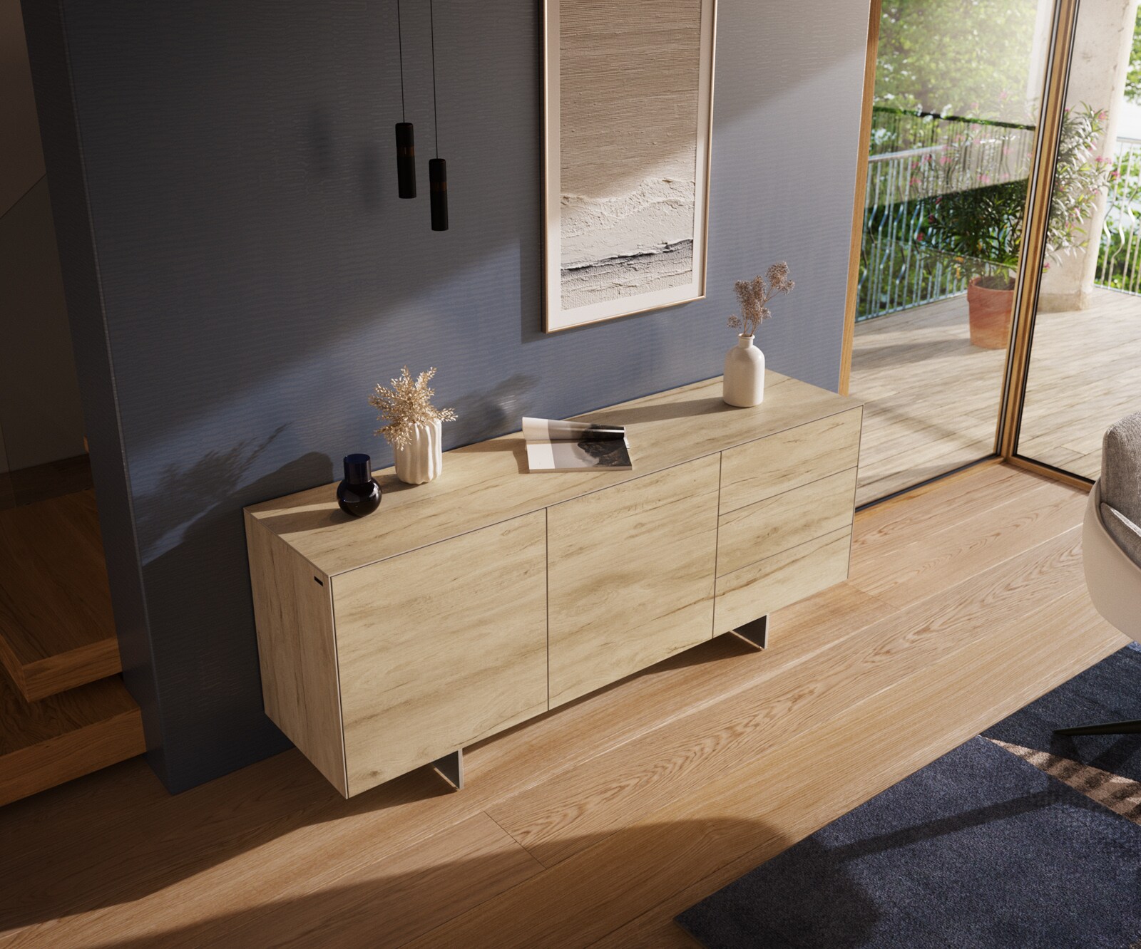 Komoda Cuor 180 cm ceramika Laminam® Sabbia (kolor dębu) 2 drzwi 3 szuflady nóżki wąskie stal nierdzewna 3