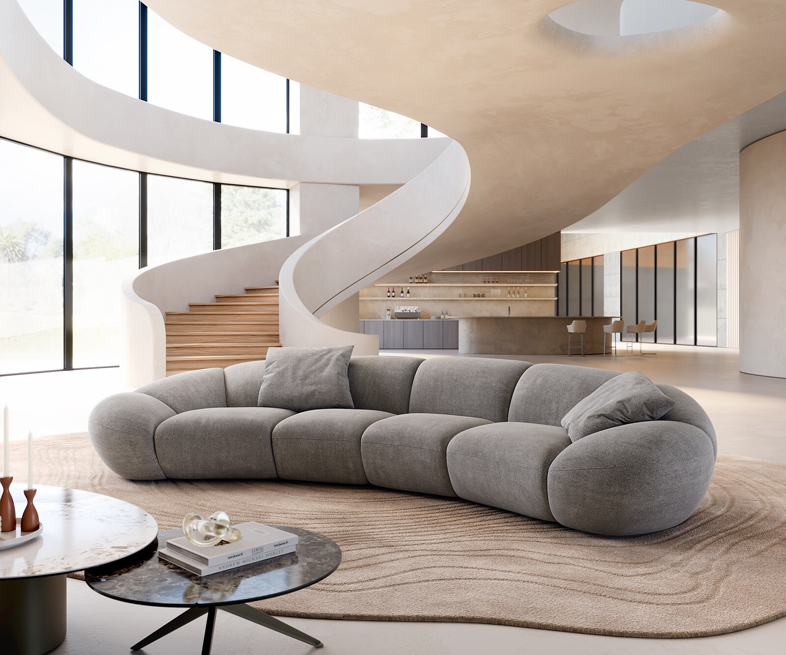 Sofa Lunna 360x175 cm miękka tkanina strukturalna szara 2 poduszki 1