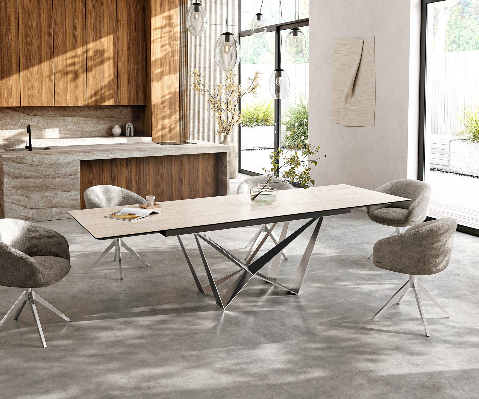 Stół do jadalni Edge 200-300x100cm ceramika Laminam® Travertino Bianco kremowo-biały rama Spider stal nierdzewna rozkładany 6