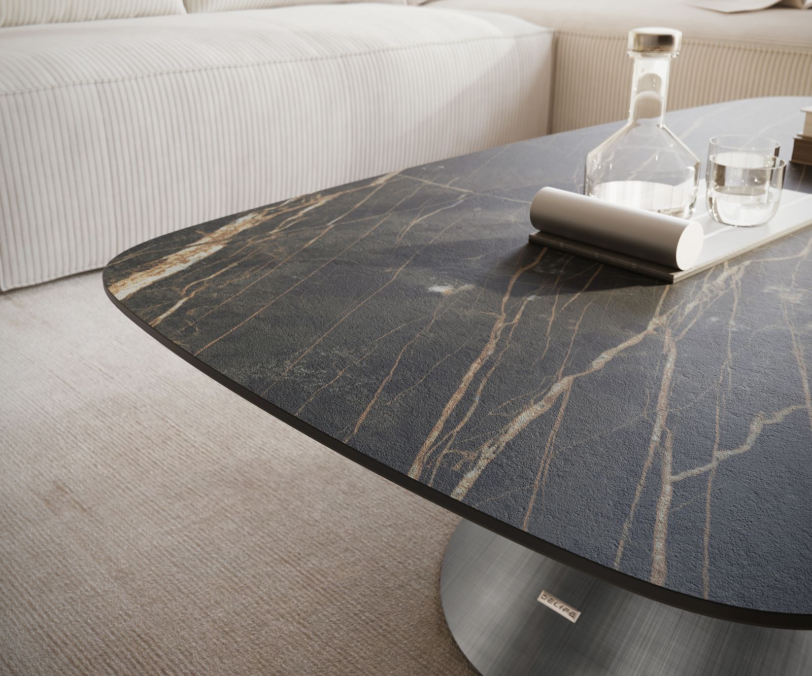 Stolik kawowy Edge w kształcie beczki 120x70 cm ceramika Laminam® Noir Desir brązowy Conis srebrny metaliczny 6