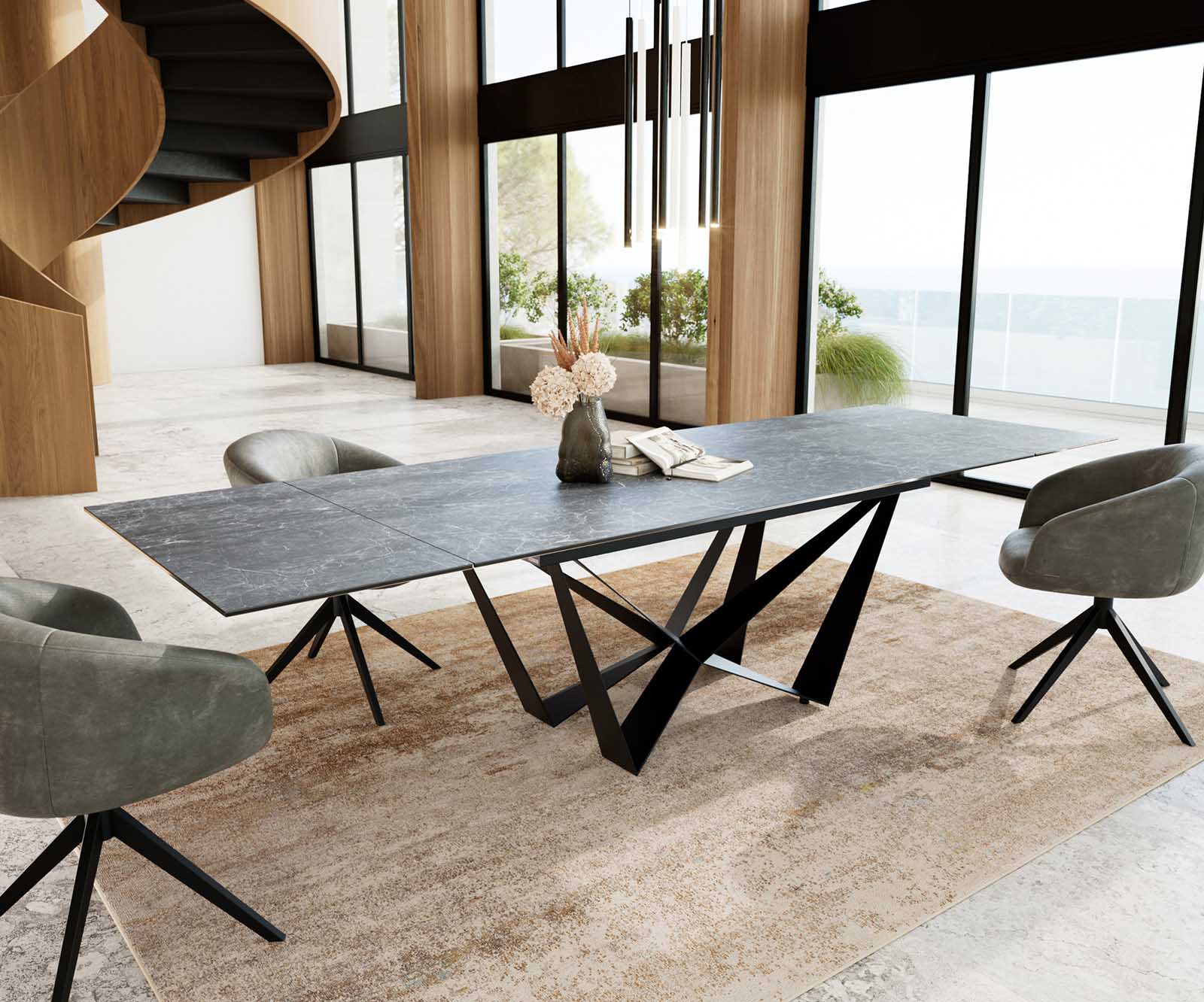Stół do jadalni Edge 200-300x100 cm ceramika Laminam® Nero Greco antracyt rama Spider metal czarna rozkładany 4