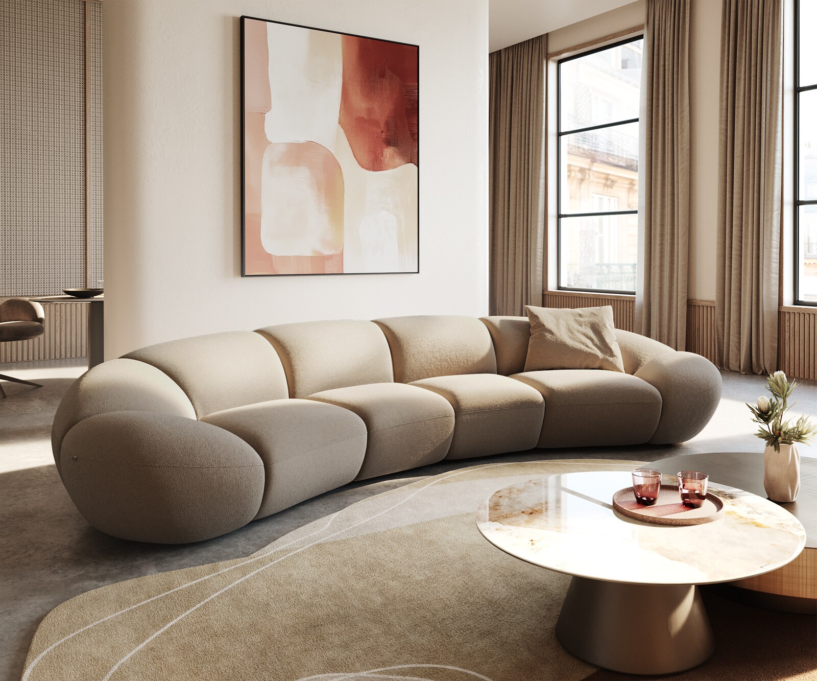 Sofa Lunna 360x175 cm miękka tkanina bouclé szaro-brązowa 2 poduszki
