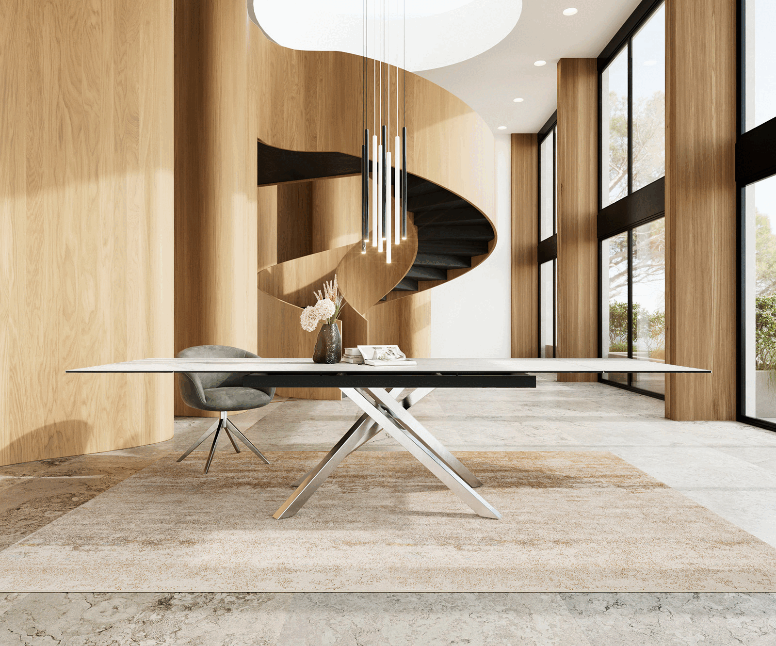 Stół do jadalni Edge 200-300x100 cm ceramika Laminam® Statuarietto biały rama Cross stal nierdzewna rozkładany
