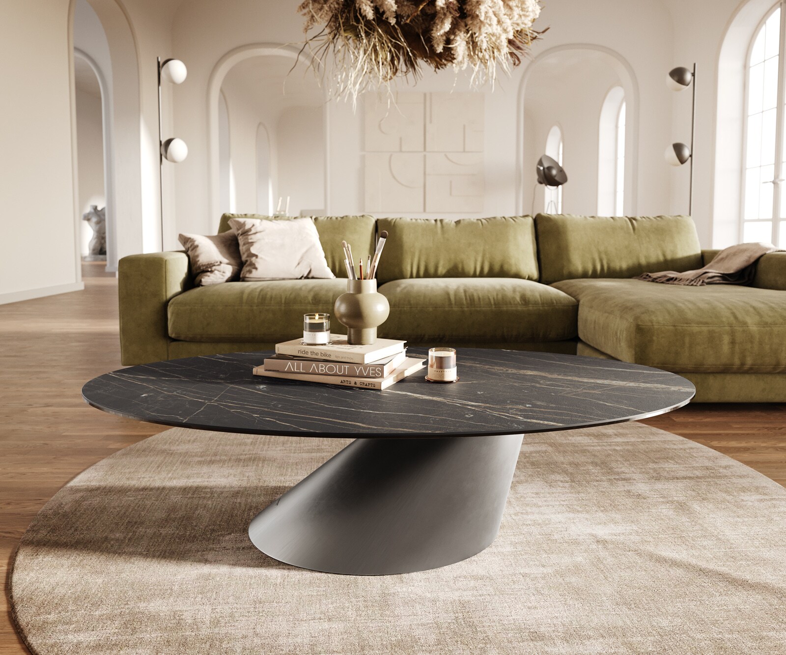 Stolik kawowy Edge owalny 140x80 cm ceramika Laminam® Noir Desir brązowa podstawa Conis stal nierdzewna szczotkowana 2