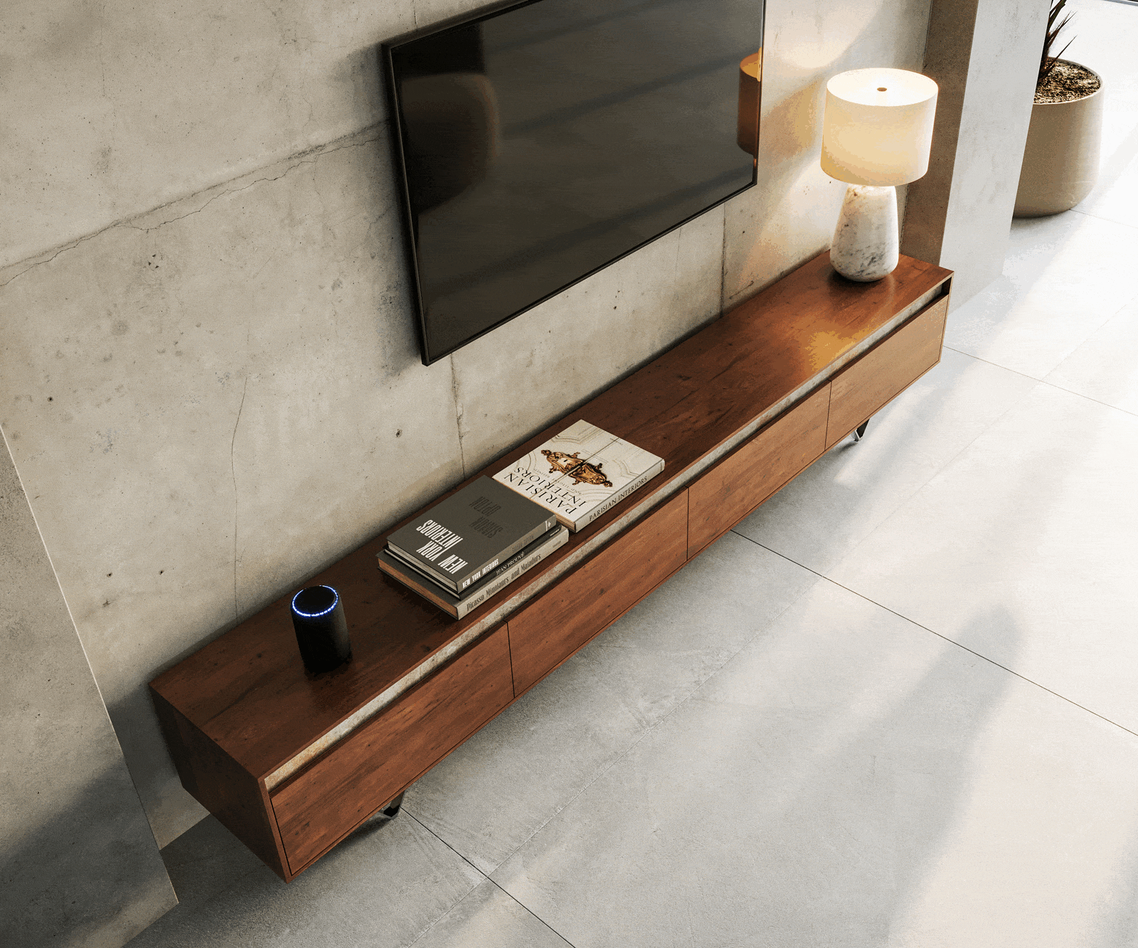 Szafka RTV Stonegrace 240 cm akacja brązowa łupek 4 drzwi nóżki V czarne 3