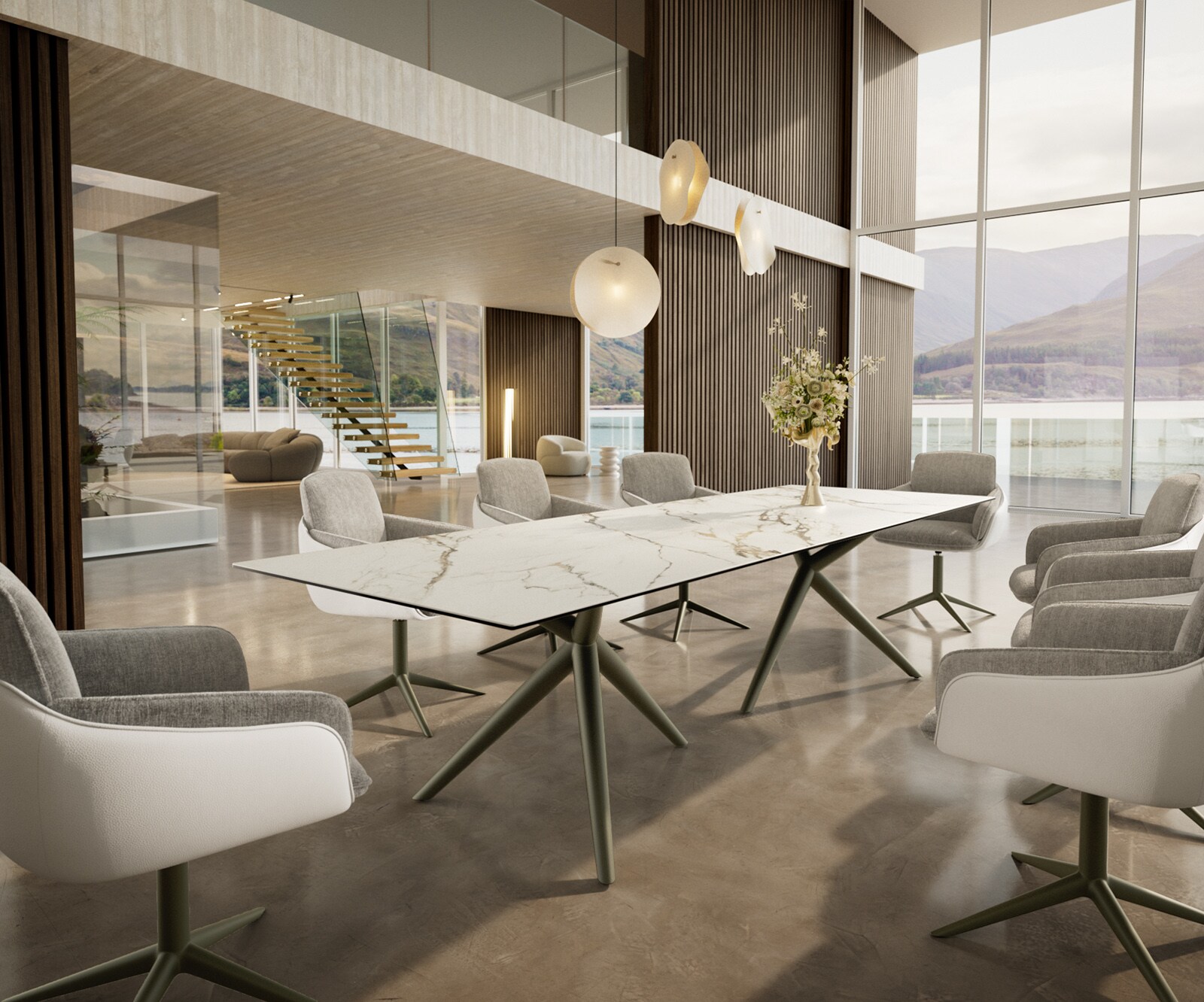 Stół do jadalni Edge 300x100cm ceramika Calacatta Luxe biało-złoto-szary rama Estelar metal kolor tytanowy 5
