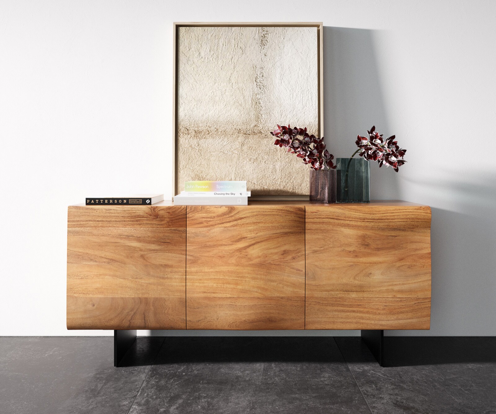 Komoda New Live-Edge 145 cm akacja naturalna 3 drzwi nóżki wąskie czarny metal 3