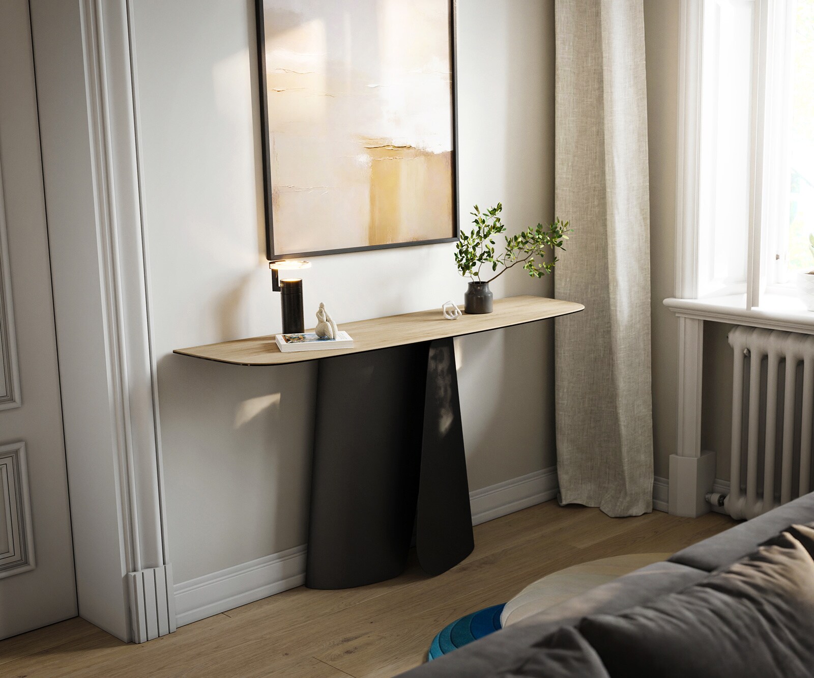 Konsola Edge w kształcie beczki 140x40 cm ceramika Laminam® Sabbia w kolorze dębu podstawa Livos metal czarny 4