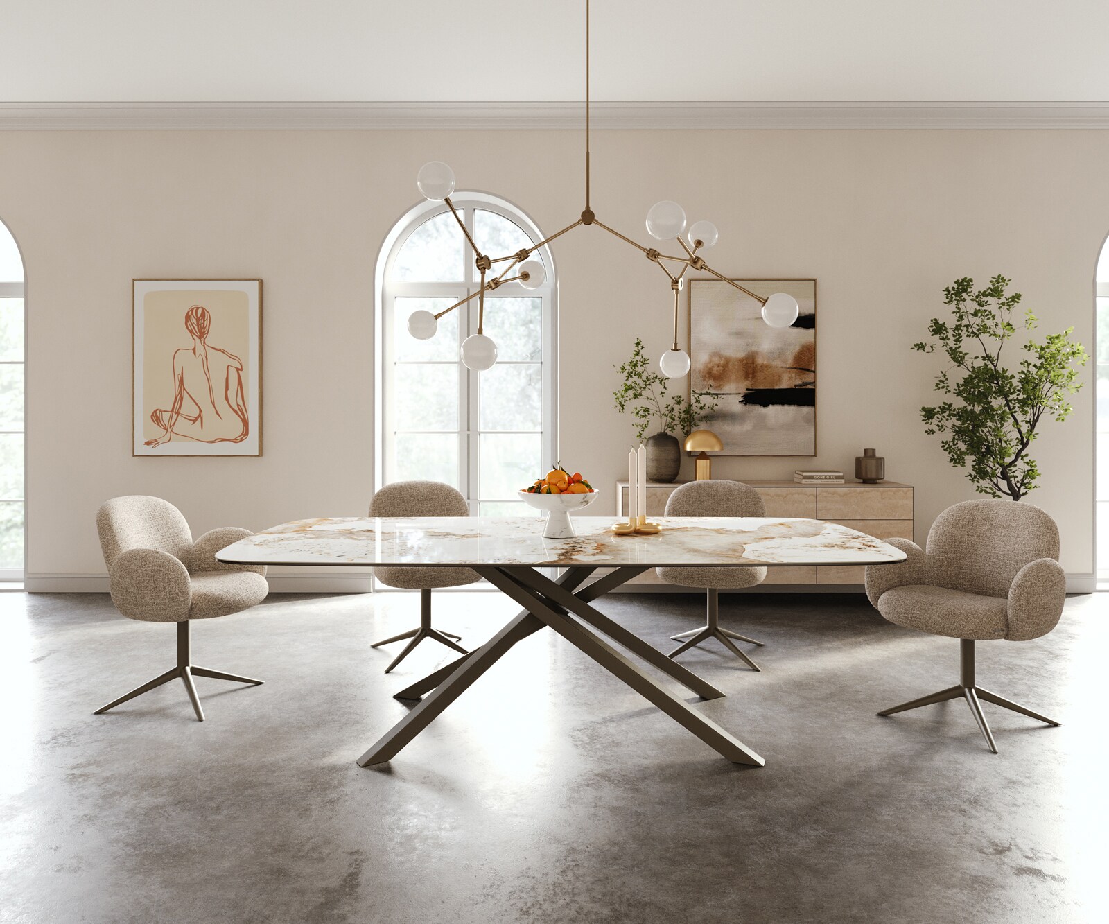 Stół do jadalni Edge w kształcie beczki 240x120 cm ceramika Minas Melange biało-beżowa rama Cross metal w kolorze tytanu 2