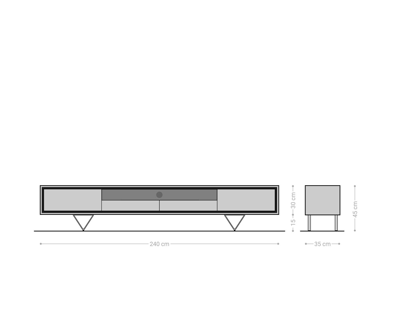 Szafka RTV Stonegrace 240 cm dąb naturalny 2 drzwi 1 przegroda 2 szuflady fornir kamienny nóżki V metal czarny 9
