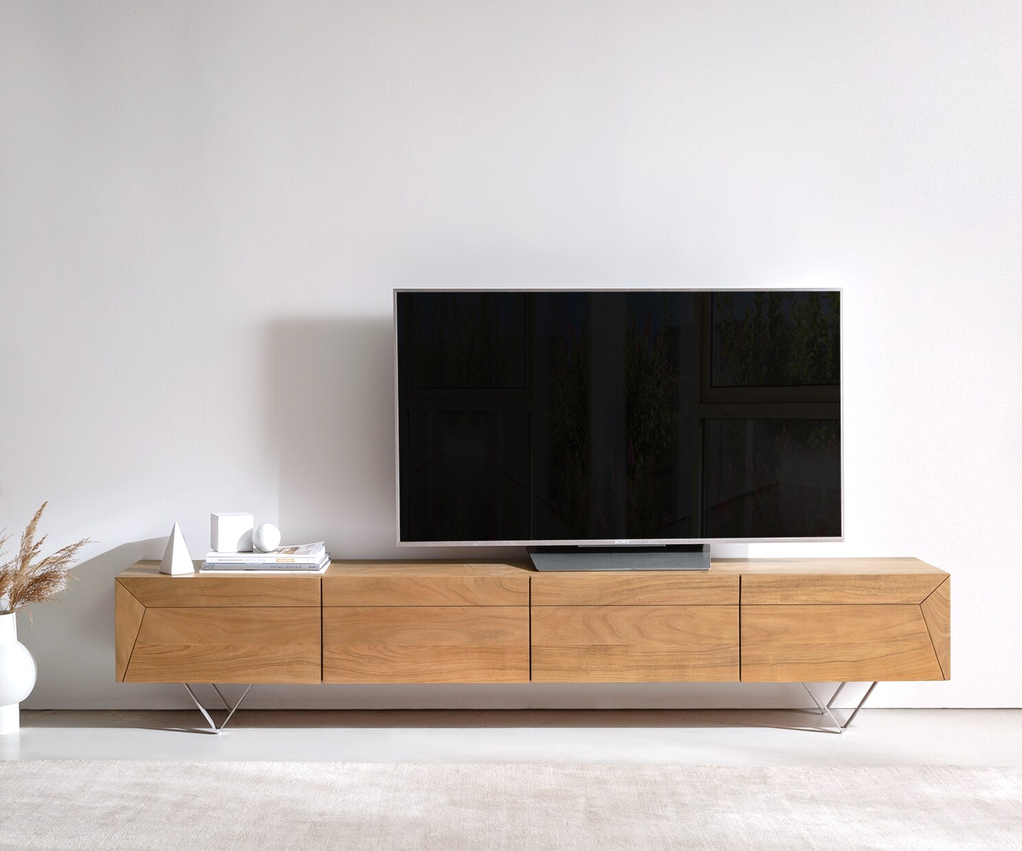 Szafka RTV Kayu 220 cm akacja naturalna 4 drzwi nóżki V 1