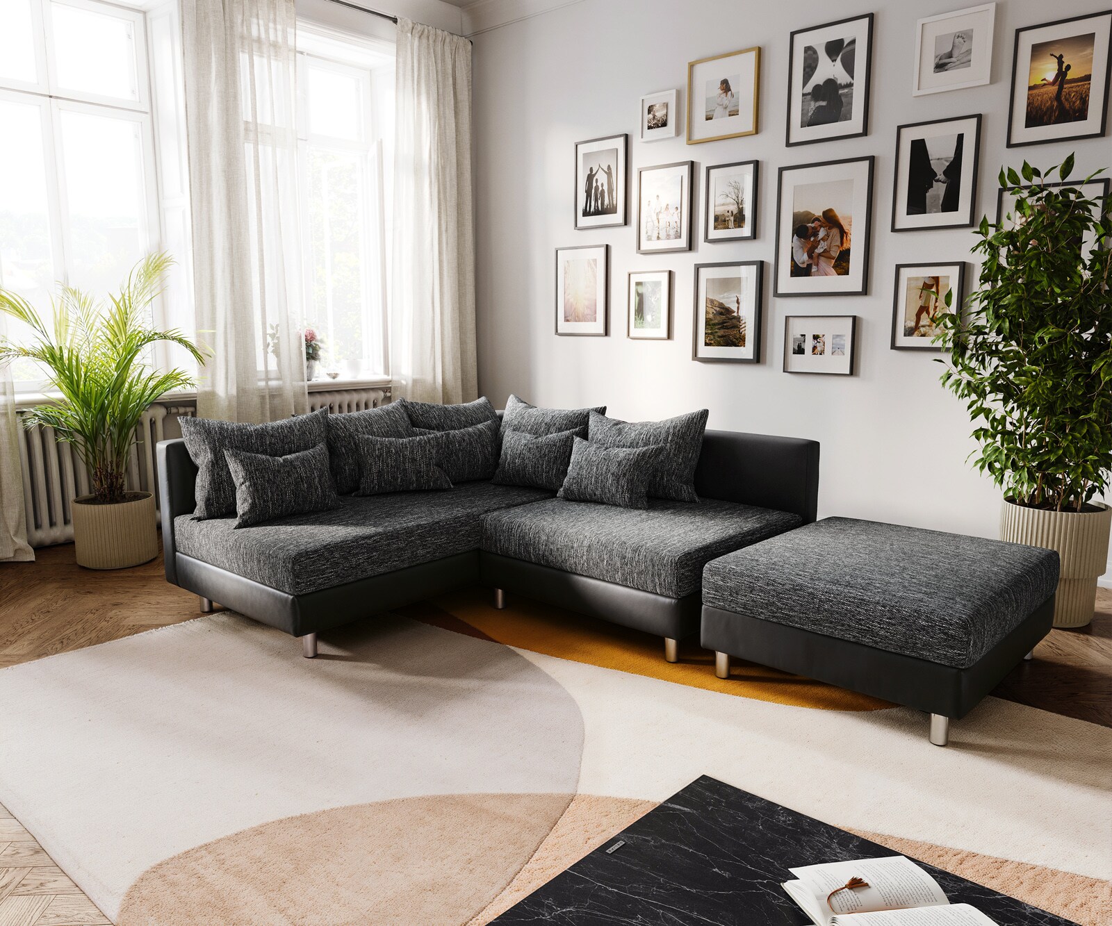 Sofa narożna Clovis czarna sofa modułowa z pufem szezlong lewy 1