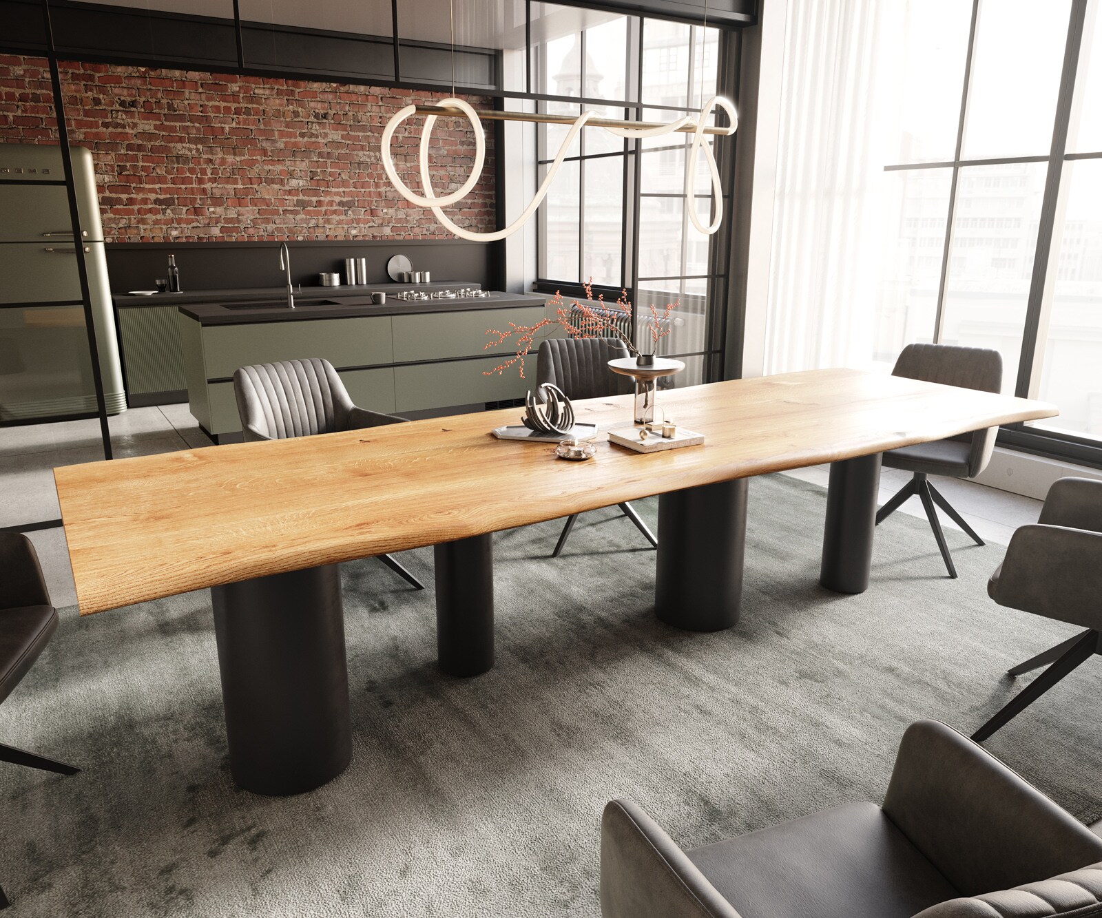 Stół do jadalni Edge 300x100x4cm dąb naturalny rama Pilier metal czarny live-edge 1