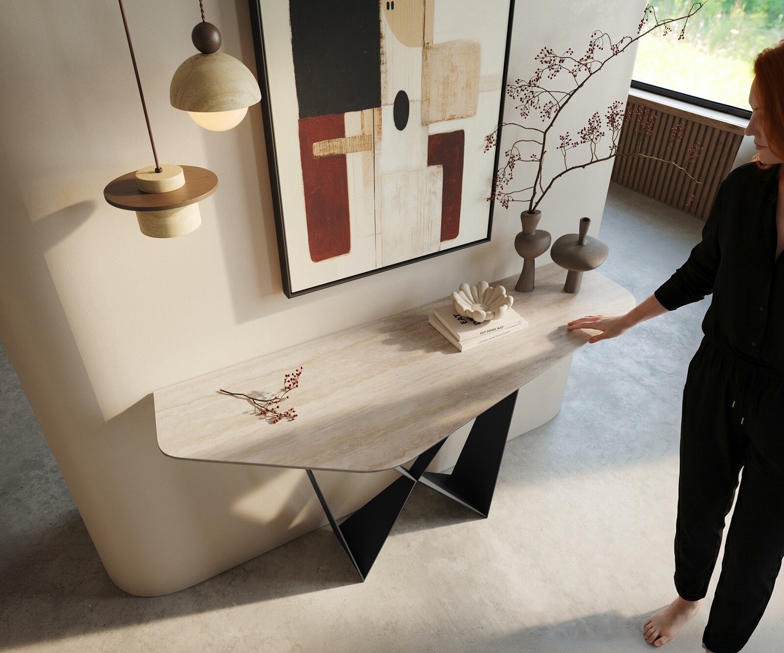 Konsola Edge wielokątna 140x50 cm ceramika Laminam® Travertino Bianco kremowo-biały podstawa Spios metal czarny 2