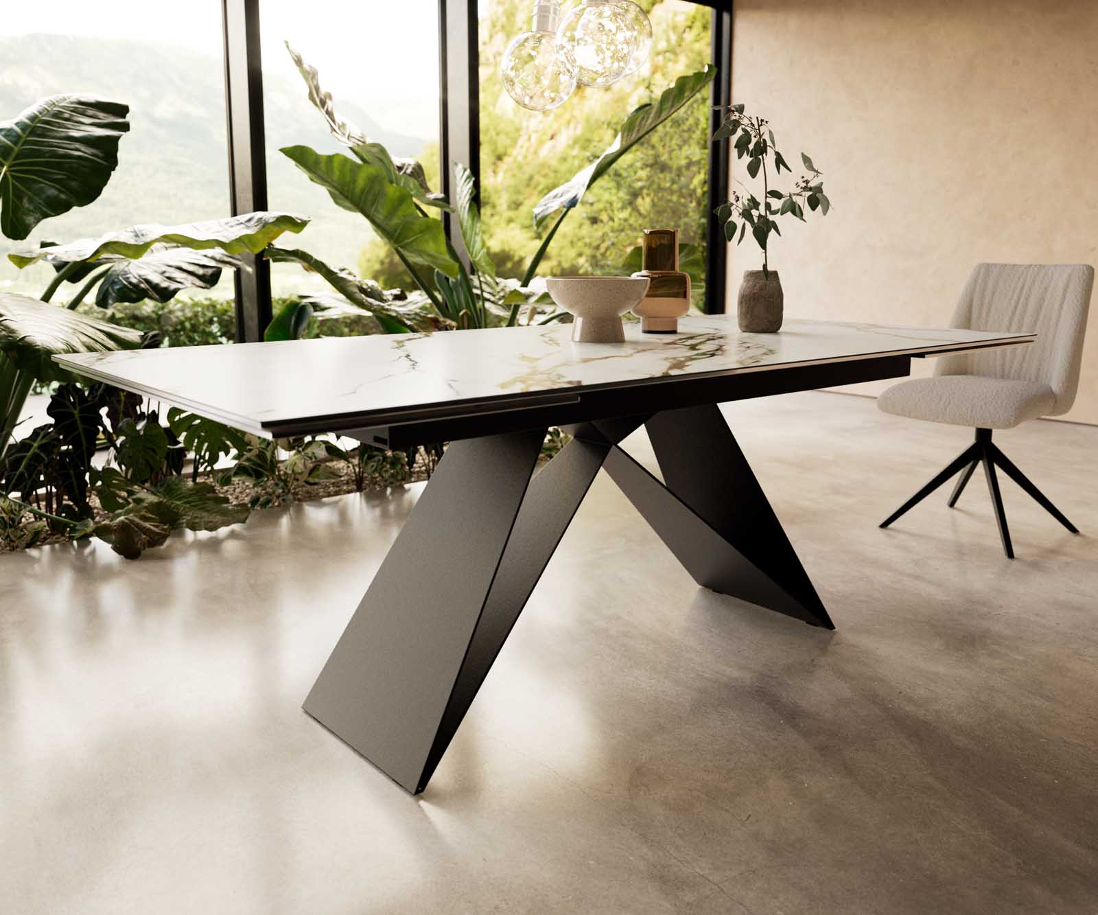 Stół do jadalni Edge 200-300x100 cm ceramika Calacatta Luxe biało-złoto-szary rama V metal czarna rozkładany 6