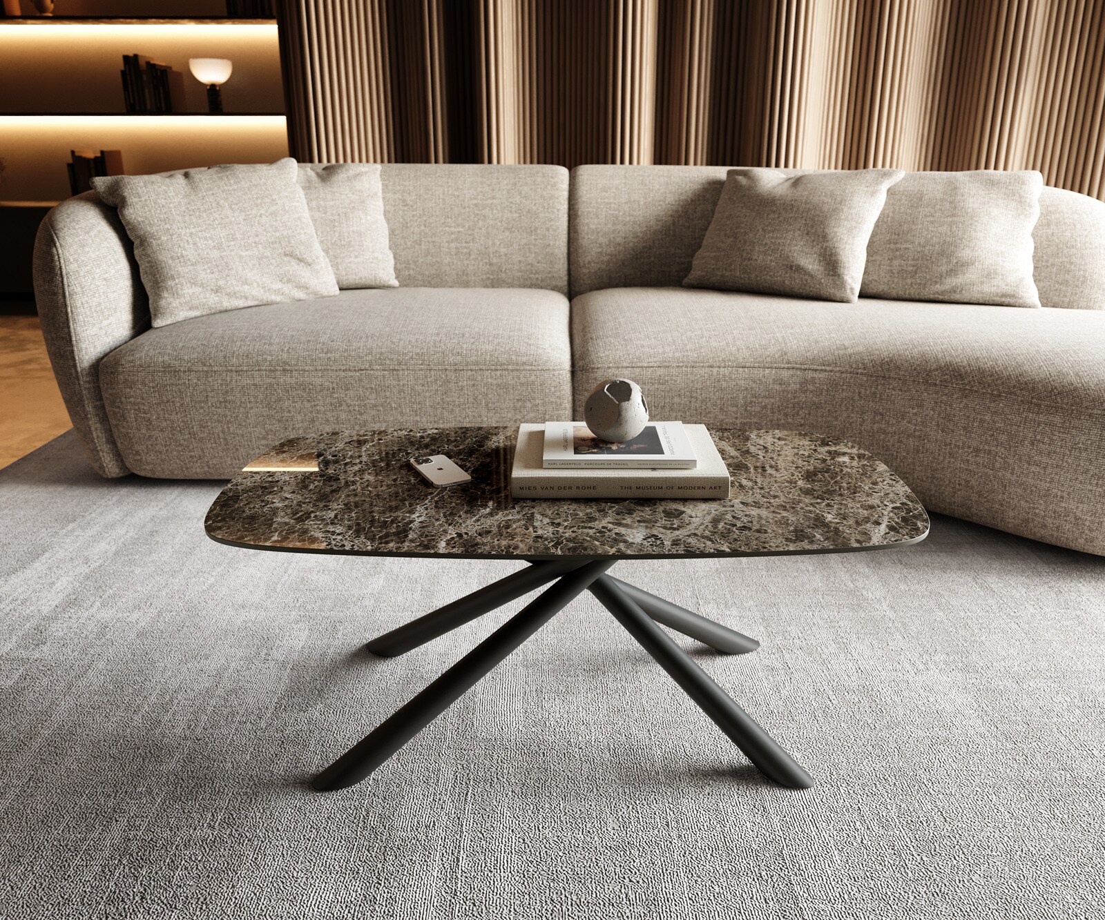 Stolik kawowy Edge w kształcie beczki 100x50 cm ceramika Laminam® Emperador Extra Lucidato ciemnobrązowy Sarity czarny metal 1