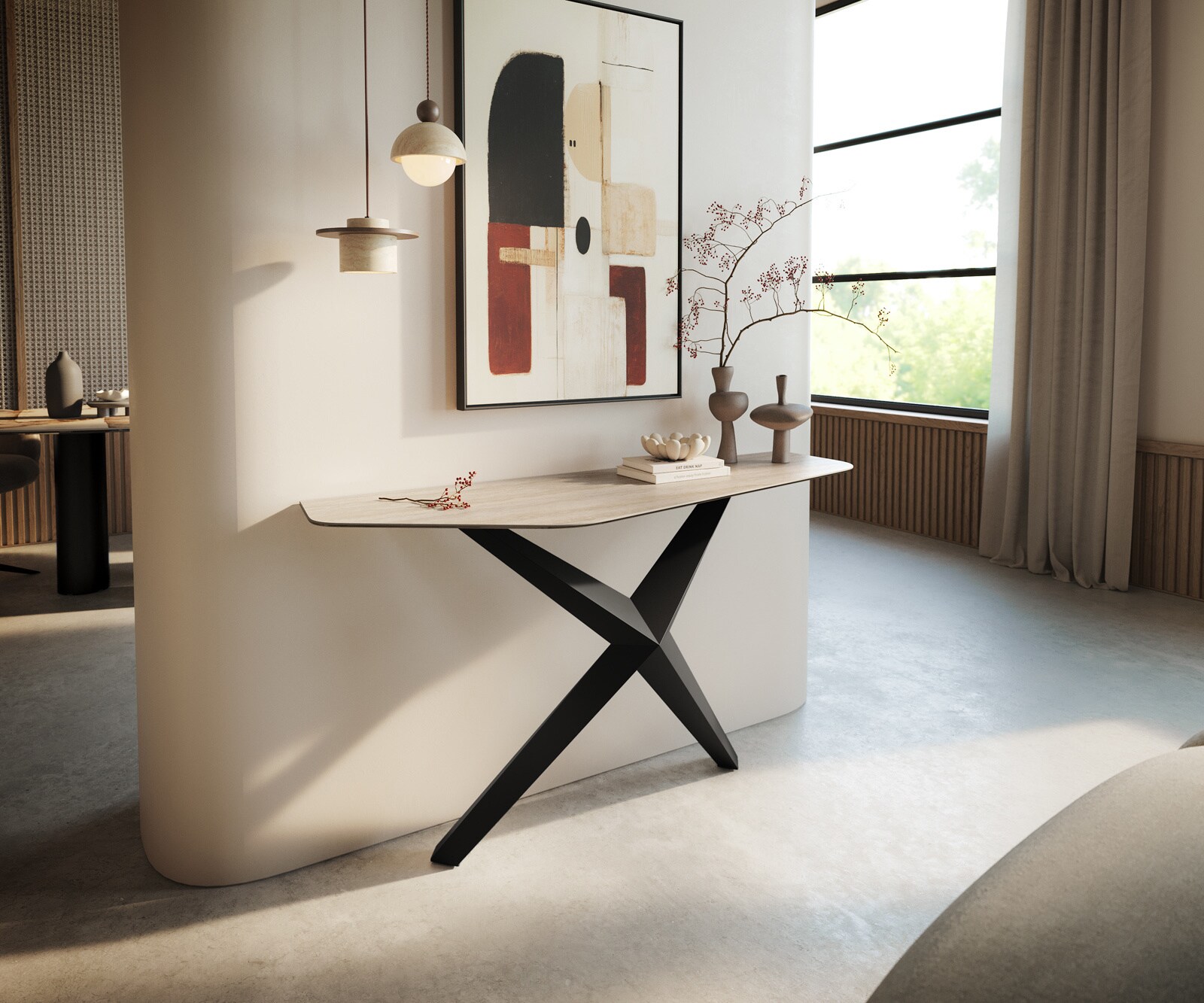 Konsola Edge wielokątna 140x50 cm ceramika Laminam® Travertino Bianco kremowo-biały podstawa Zentharo metal czarny 1