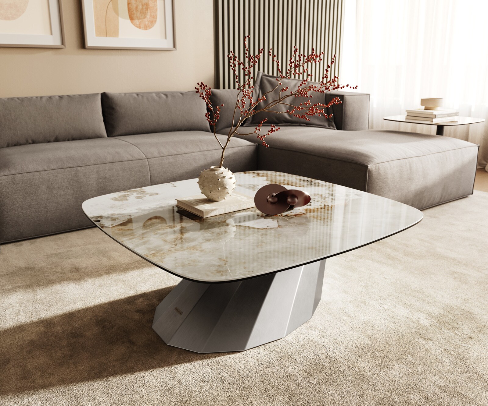 Stolik kawowy Edge w kształcie beczki 90x90 cm ceramika Minas Melange Parabi stal nierdzewna szczotkowana 1