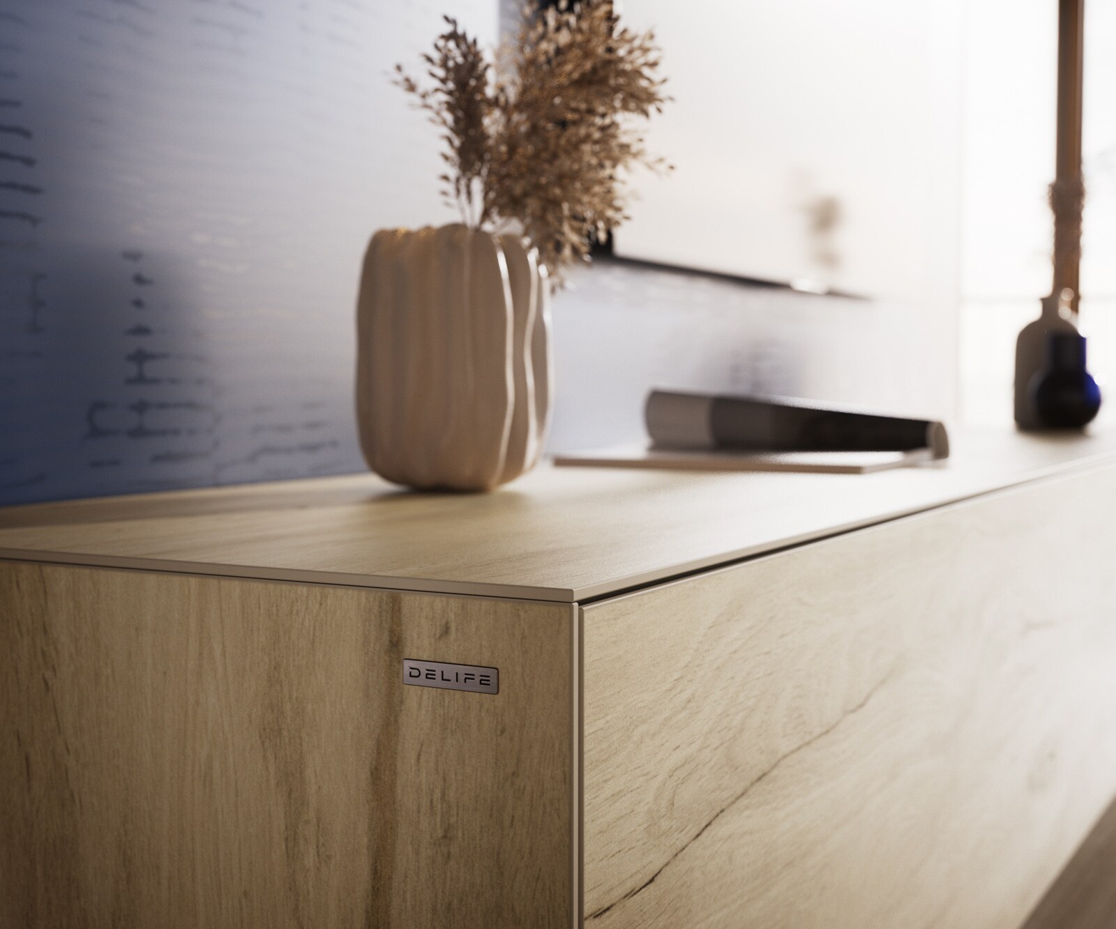 Szafka RTV Cuor 180 cm ceramika Laminam® Sabbia (kolor dębu) 1 klapa 2 szuflady nóżki akrylowe 7