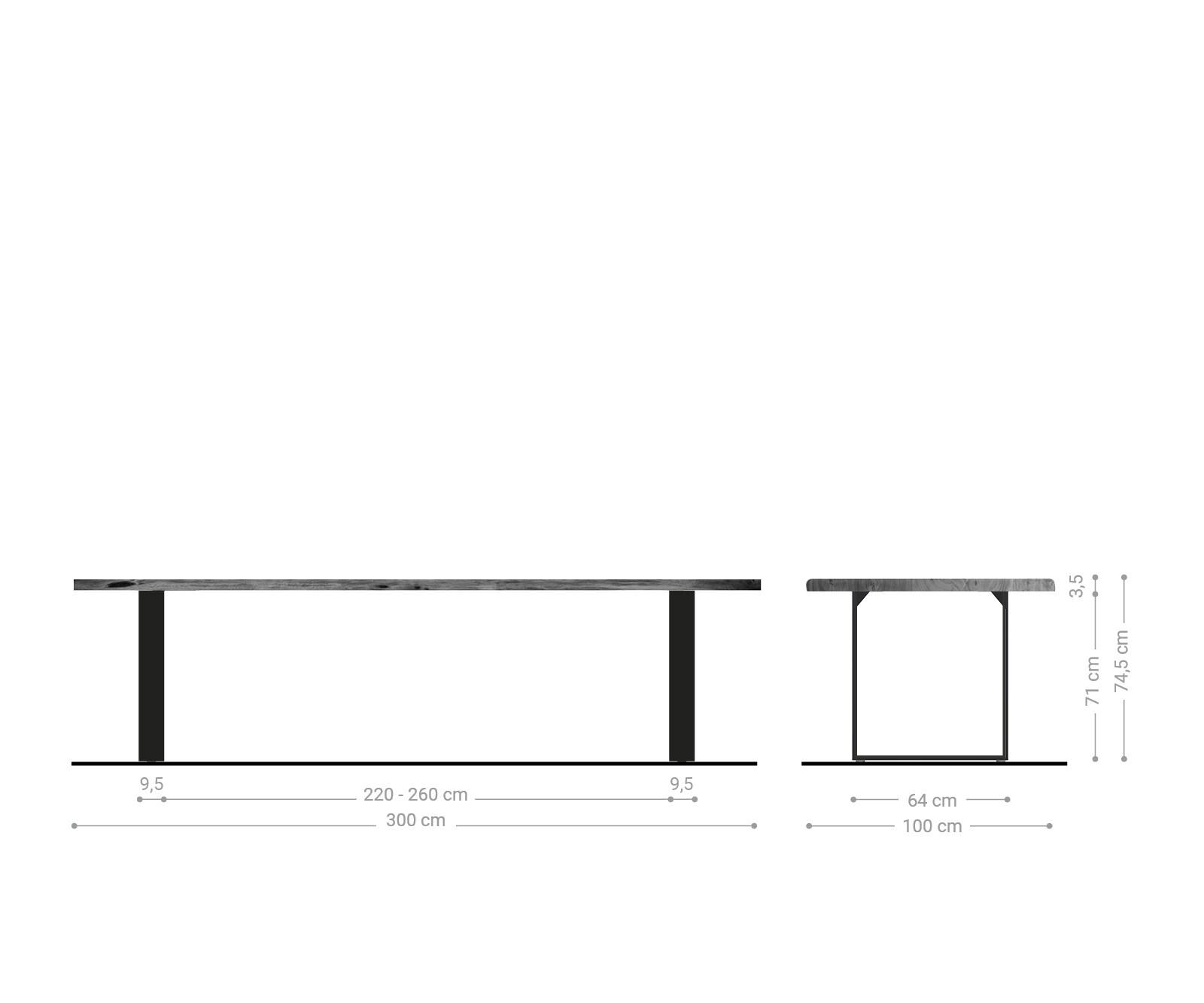 Stół do jadalni Edge 300x100cm akacja brązowa stal nierdzewna wąska rama live-edge 4