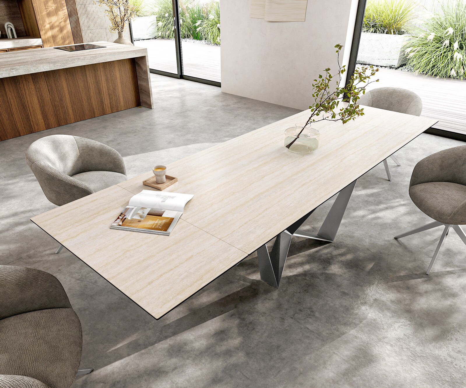 Stół do jadalni Edge 200-300x100cm ceramika Laminam® Travertino Bianco kremowo-biały rama Spider stal nierdzewna rozkładany 3