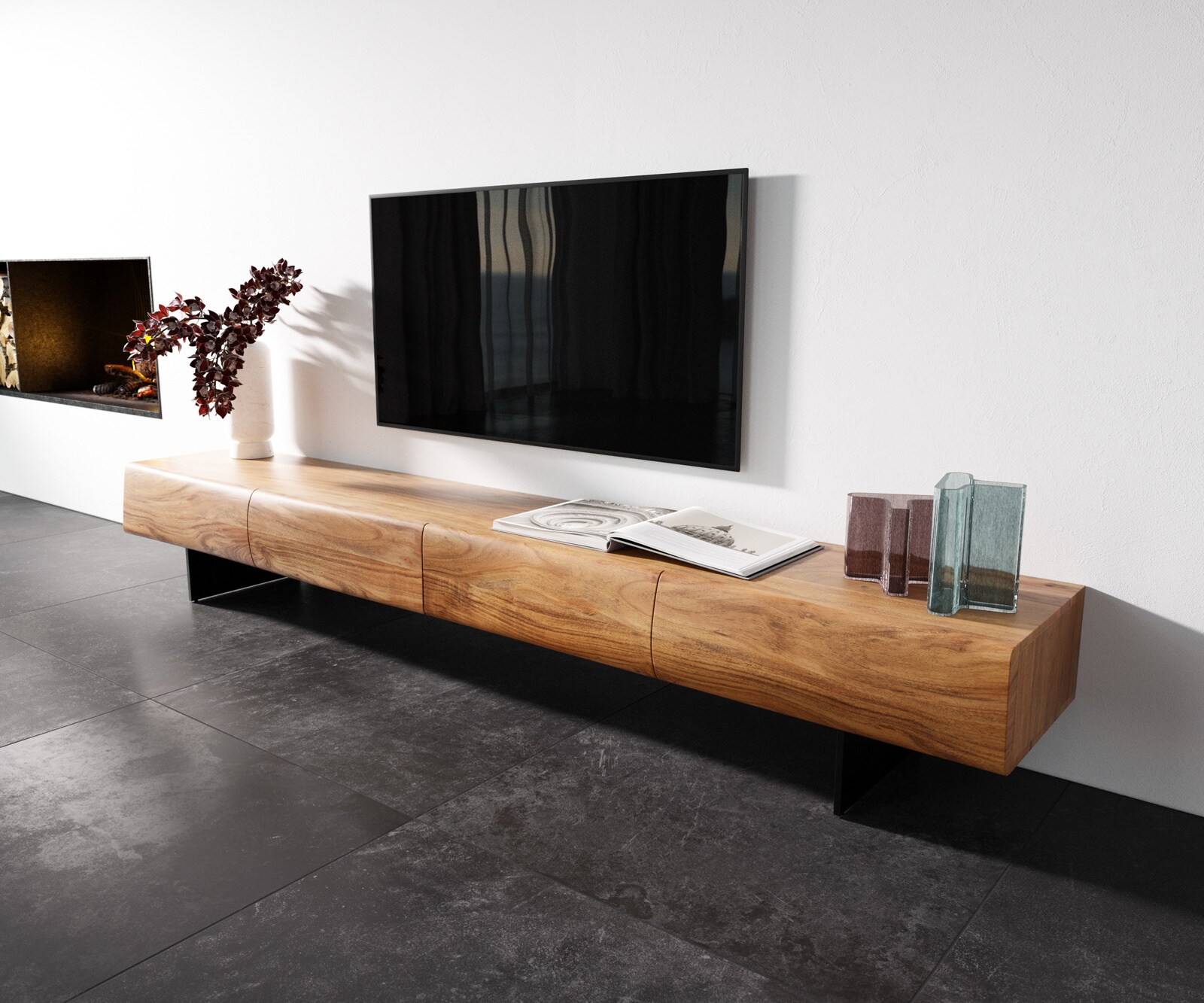 Szafka RTV New Live-Edge 240 cm akacja naturalna 4 szuflady nóżki wąskie czarny metal
