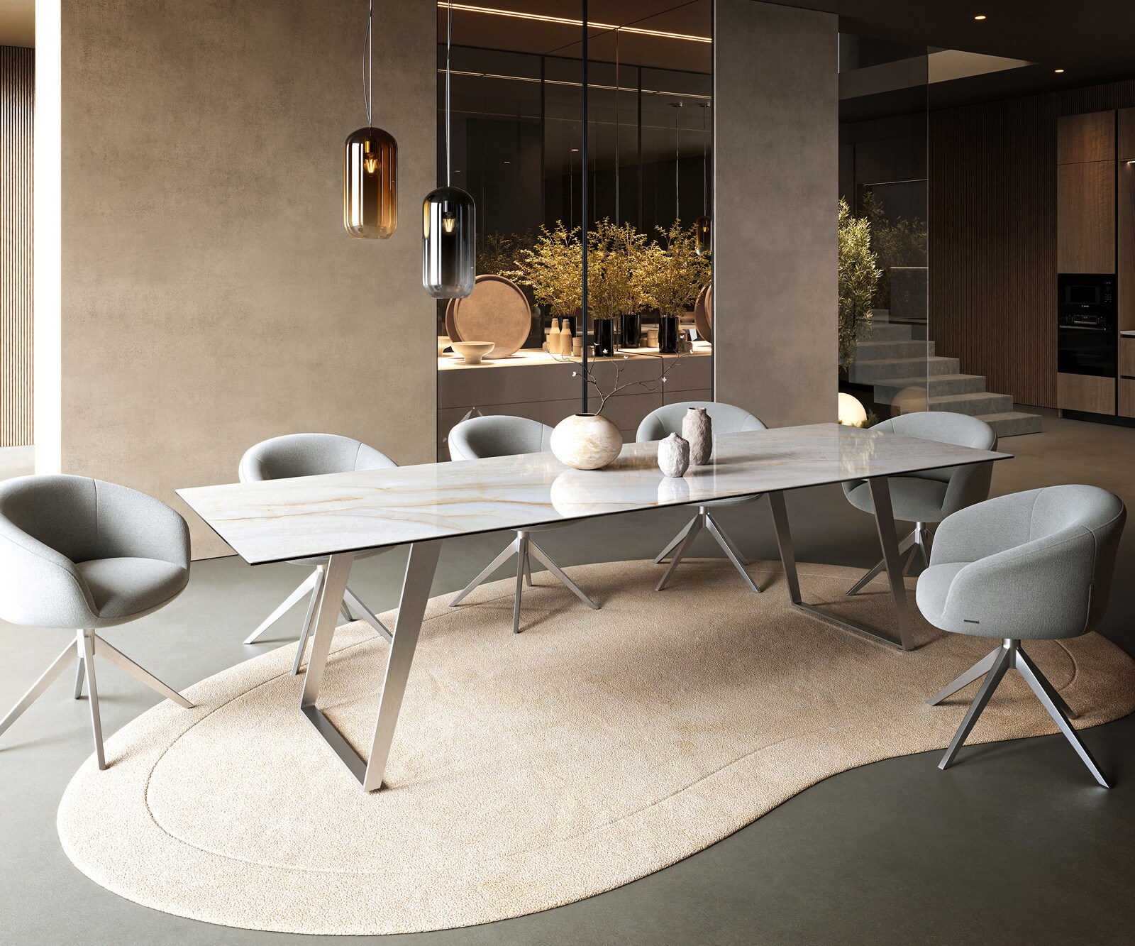 Stół do jadalni Edge 300x100cm ceramika Onyx Pearl stal nierdzewna rama pochylona 6