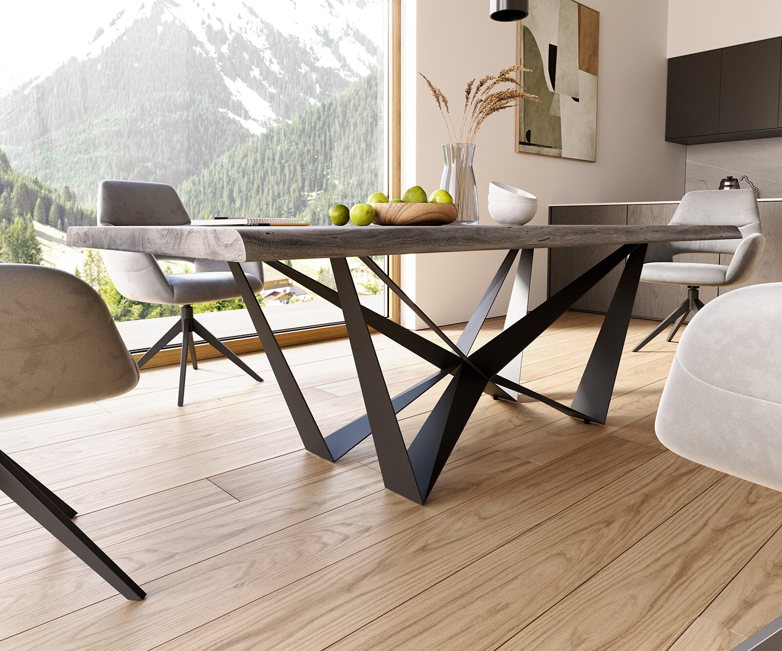 Stół do jadalni Edge 220x100 cm XL akacja platynowa rama Spider metal czarna live-edge 6