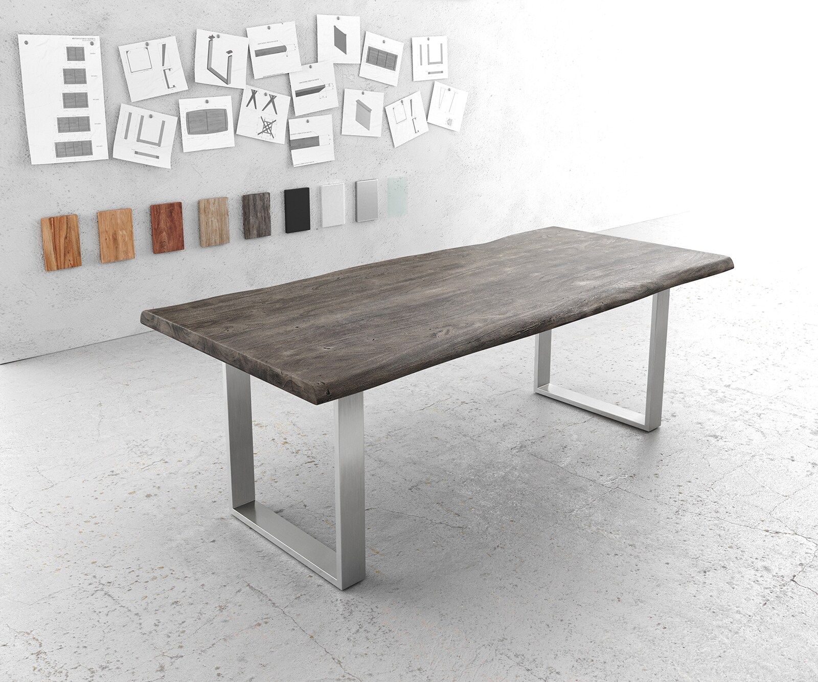 Stół do jadalni Edge 220x100 cm XL akacja platynowa stal nierdzewna wąska rama live-edge 1