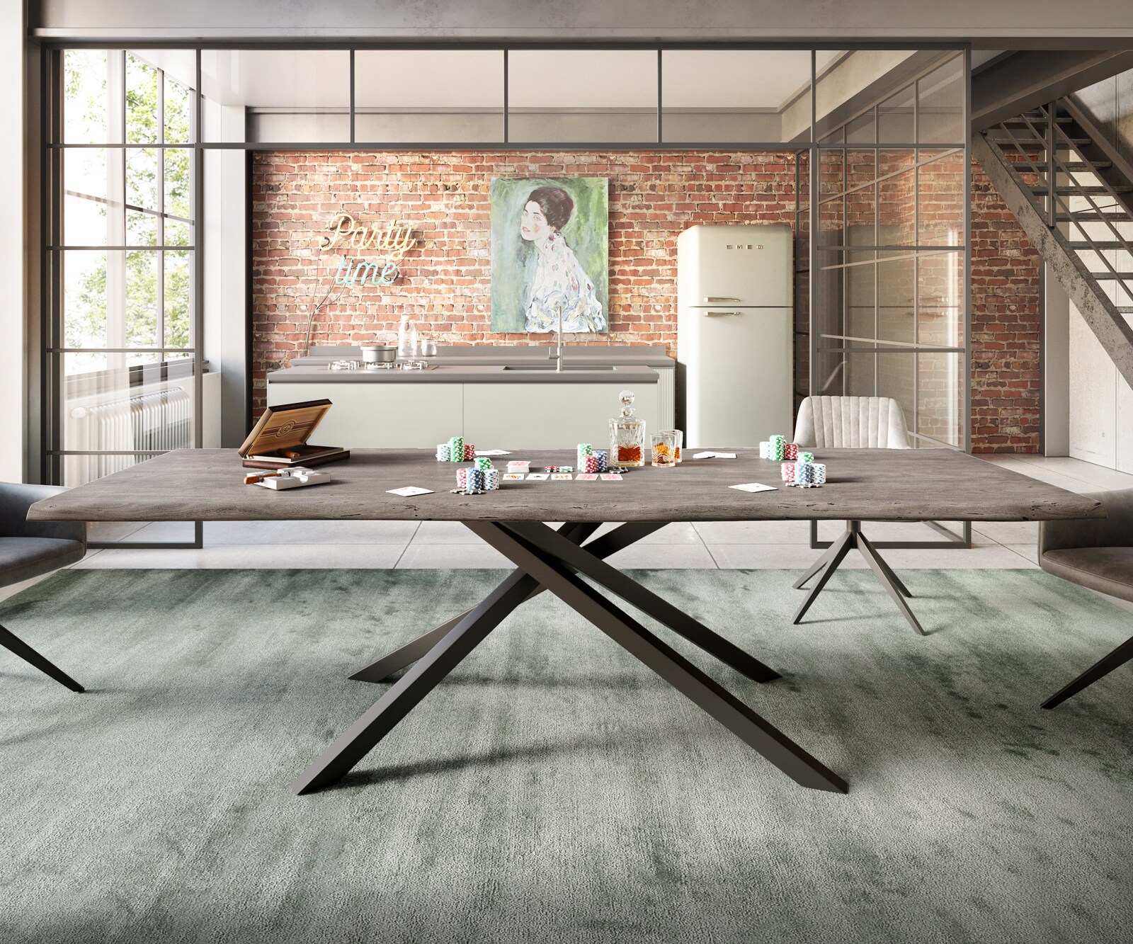 Stół do jadalni Edge 260x100 cm akacja platynowa rama Cross czarna live-edge 1