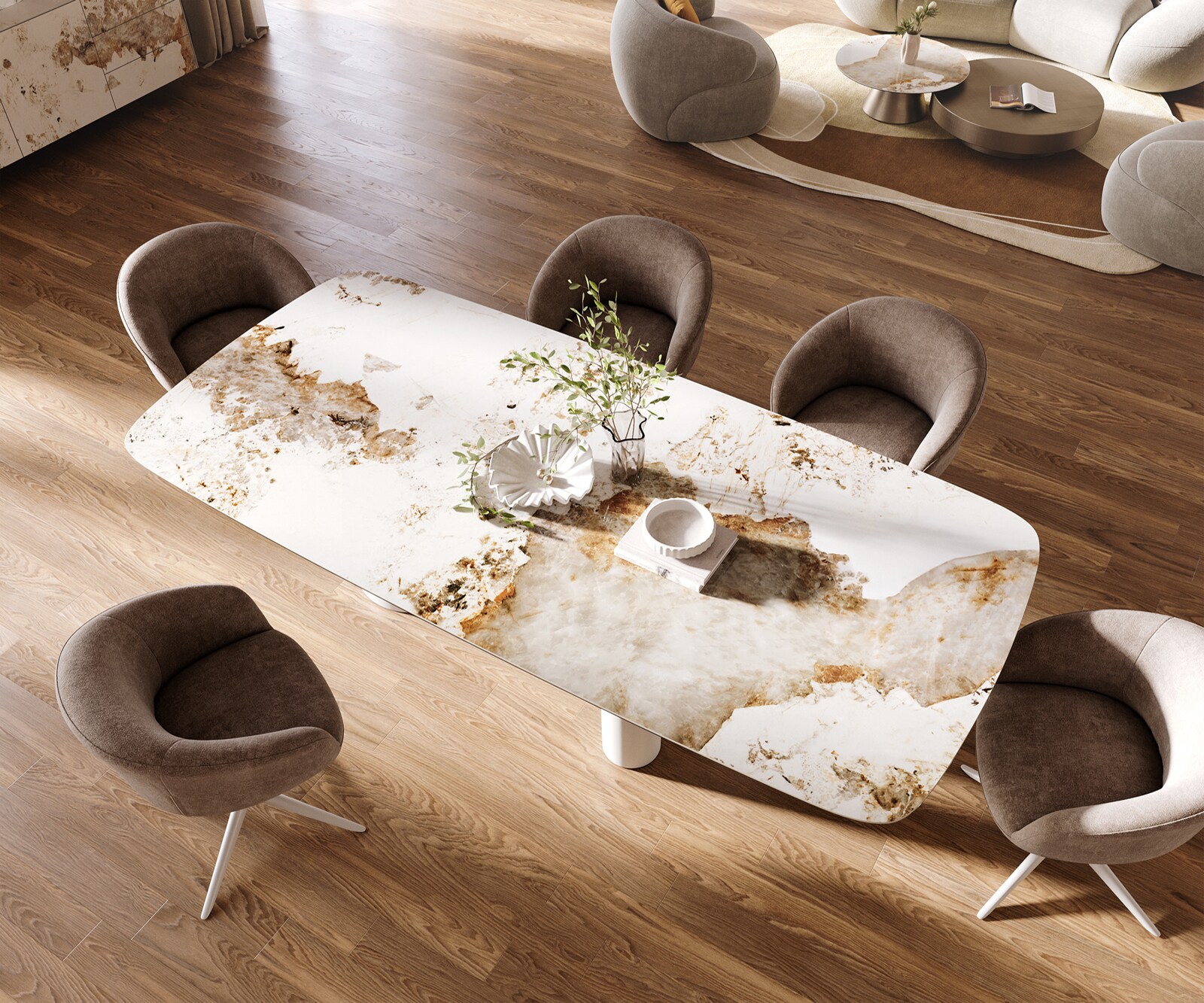 Stół do jadalni Edge w kształcie beczki 260x120 cm ceramika Minas Melange biało-beżowa rama Troa metal biały 3