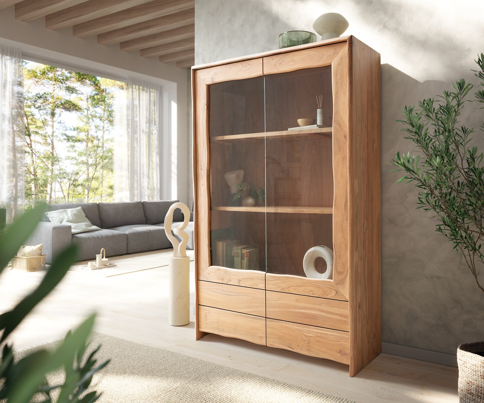 Witryna Live-Edge 120x190 cm akacja naturalna 2 drzwi 4 szuflady