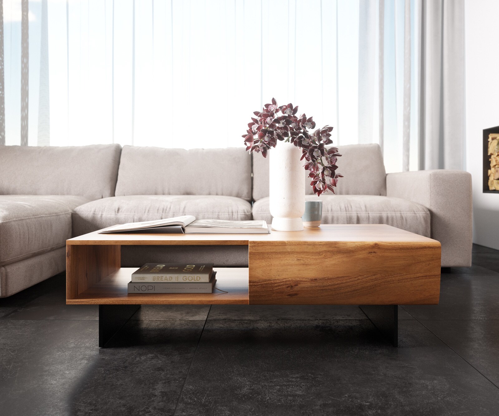 Stolik kawowy New Live-Edge 115x60 cm akacja naturalna 2 szuflady 1 przegroda nóżki wąskie metal czarny 1