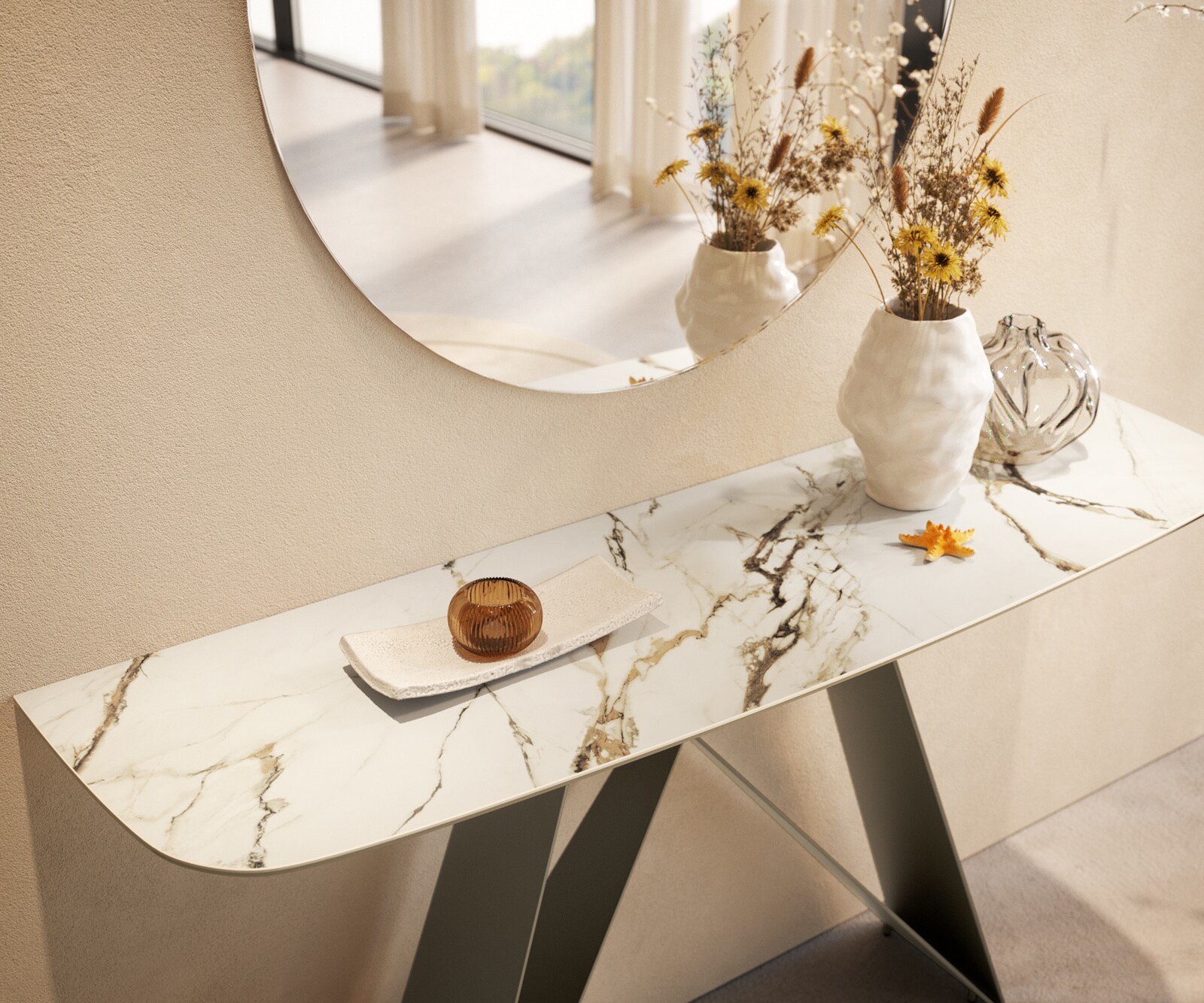 Konsola Edge w kształcie beczki 140x40 cm ceramika Calacatta Luxe biało-złoto-szara podstawa Velio metal w kolorze tytanu 6