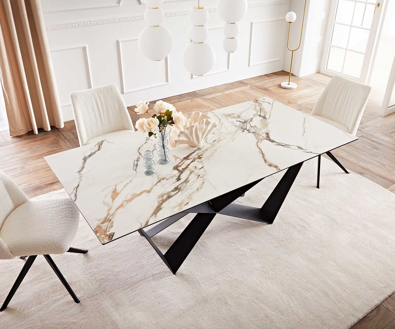 Stół do jadalni Edge 200x100 cm ceramika Calacatta Luxe biało-złoto-szary rama Spider metal czarna 5