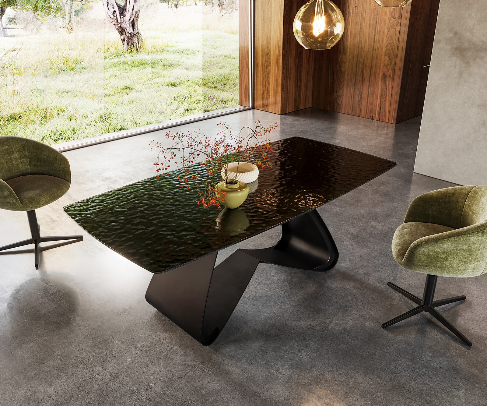 Stół do jadalni Edge w kształcie beczki 200x100cm szkło reliefowe dymione czarne efekt 3D rama W metal czarny