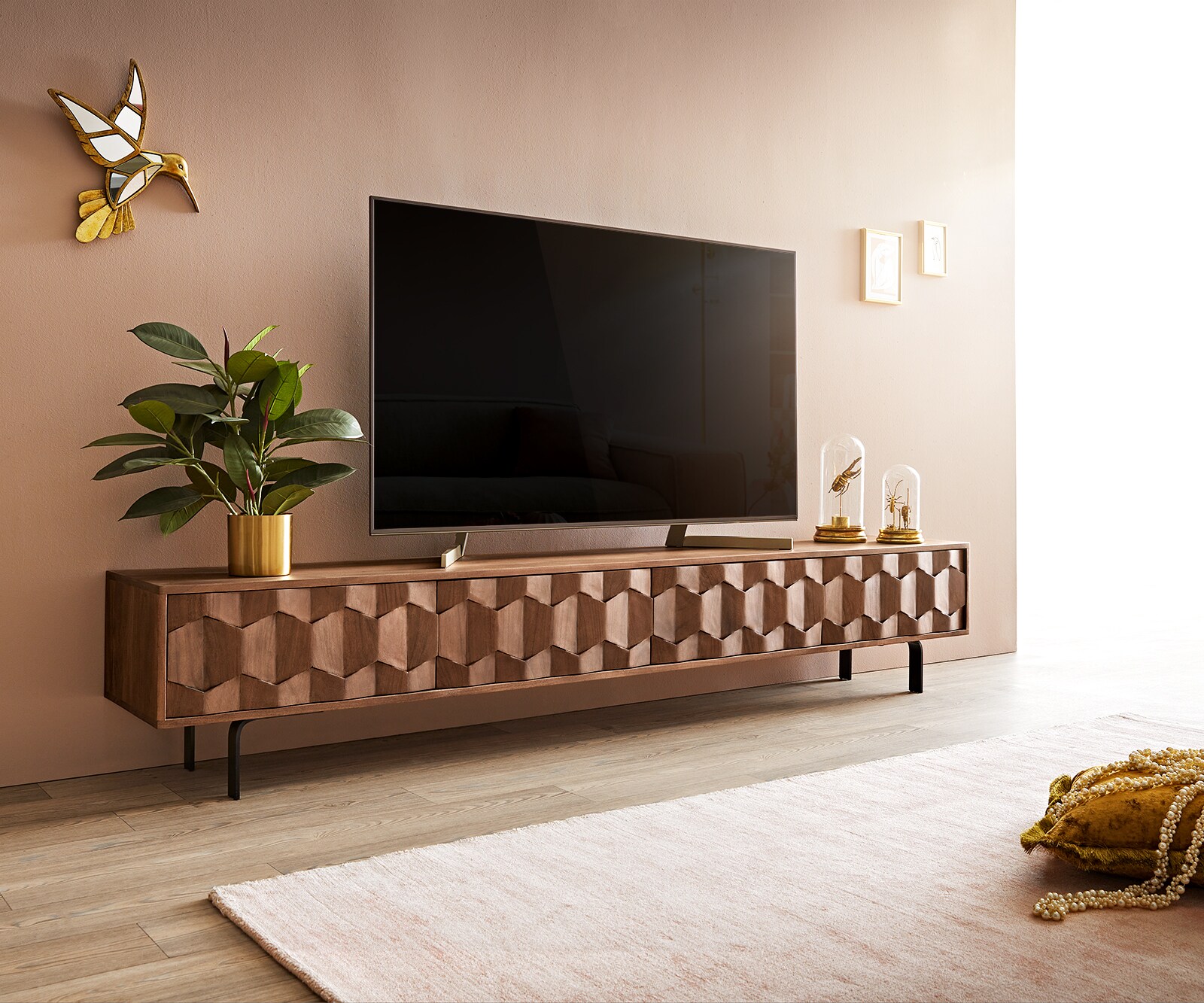 Szafka RTV Fevo 220 cm akacja brązowa 4 drzwi nóżki L