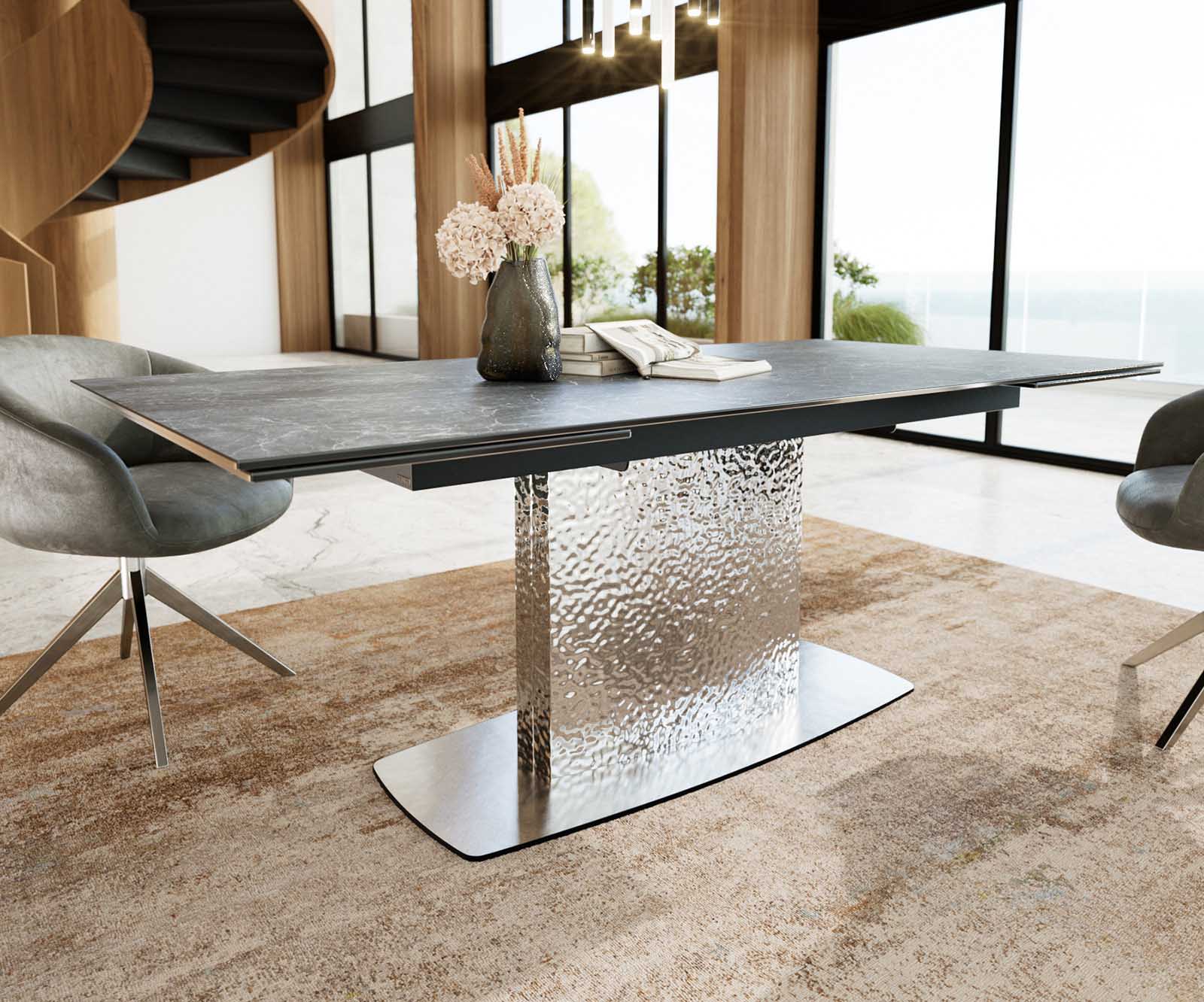 Stół do jadalni Edge 200-300x100 cm ceramika Laminam® Nero Greco antracyt rama Wave stal nierdzewna rozkładany 4